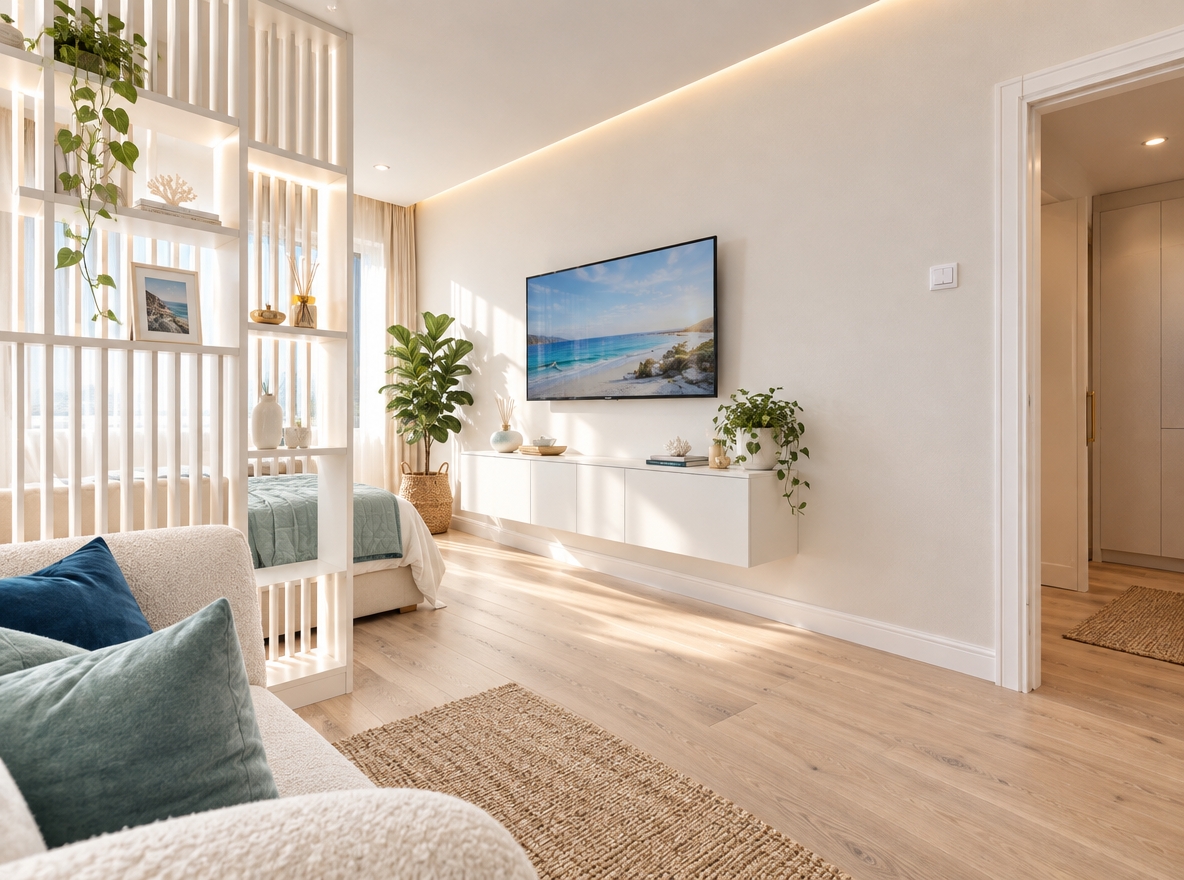 An incredibly lifelike, richly detailed, photorealistic wide-angle interior photo of a transformed modern coastal living room set in a bright, sun-kissed apartment. The scene is illuminated by gentle morning daylight drifting through floor-to-ceiling sheer linen drapery, paired with subtle warm LED strip lighting integrated into architectural niches, creating an airy, peaceful, and rejuvenating coastal atmosphere. Captured with a professional 24mm architectural lens, emphasizing smooth matte-white surfaces, tactile bouclé upholstery, and the natural grain of bleached wood. 

The cluttered, outdated layout is completely reimagined with streamlined white furniture: an elegant, open-slat white oak room divider gracefully screens the bed alcove while letting light permeate, and a sleek, floating matte-white media credenza cleanly anchors a flush-mounted television with concealed cabling. Vibrant accents—coastal seafoam and navy blue velvet throw pillows, brushed brass accessories, woven jute textures, and vibrant potted fiddle-leaf figs—breathe life into the palette. Underfoot, the speckled flooring is replaced with wide-plank whitewashed European oak, tying together a harmonious, functional haven infused with the crisp, effortless ambiance of a seaside breeze.