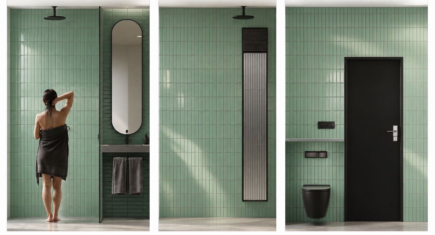 An incredibly lifelike, richly detailed, photorealistic interior elevation shot of a boutique minimalist bathroom set in a high-end urban sanctuary. The scene is illuminated by soft, diffused morning light filtering through a hidden source, creating a serene and zen-inspired atmosphere. Captured with a 35mm lens, emphasizing the crisp, rhythmic texture of floor-to-ceiling mint-green ceramic kit-kat tiles that define the space.

The design is a masterclass in functional elegance, featuring a streamlined matte-black rainfall shower head and a matching wall-hung toilet that anchor the monochromatic palette. An elongated, pill-shaped mirror hangs gracefully above a recessed vanity, its sleek metal frame catching a gentle glint of light. Beside the vanity, plush, charcoal-gray towels drape neatly from a minimalist rail, echoing the sophisticated color story of whites, soft grays, and muted pastels. Every surface remains intentionally clutter-free, exuding an air of quiet luxury and meditative calm, while the deliberate negative space emphasizes the refined architectural geometry of this contemporary haven.