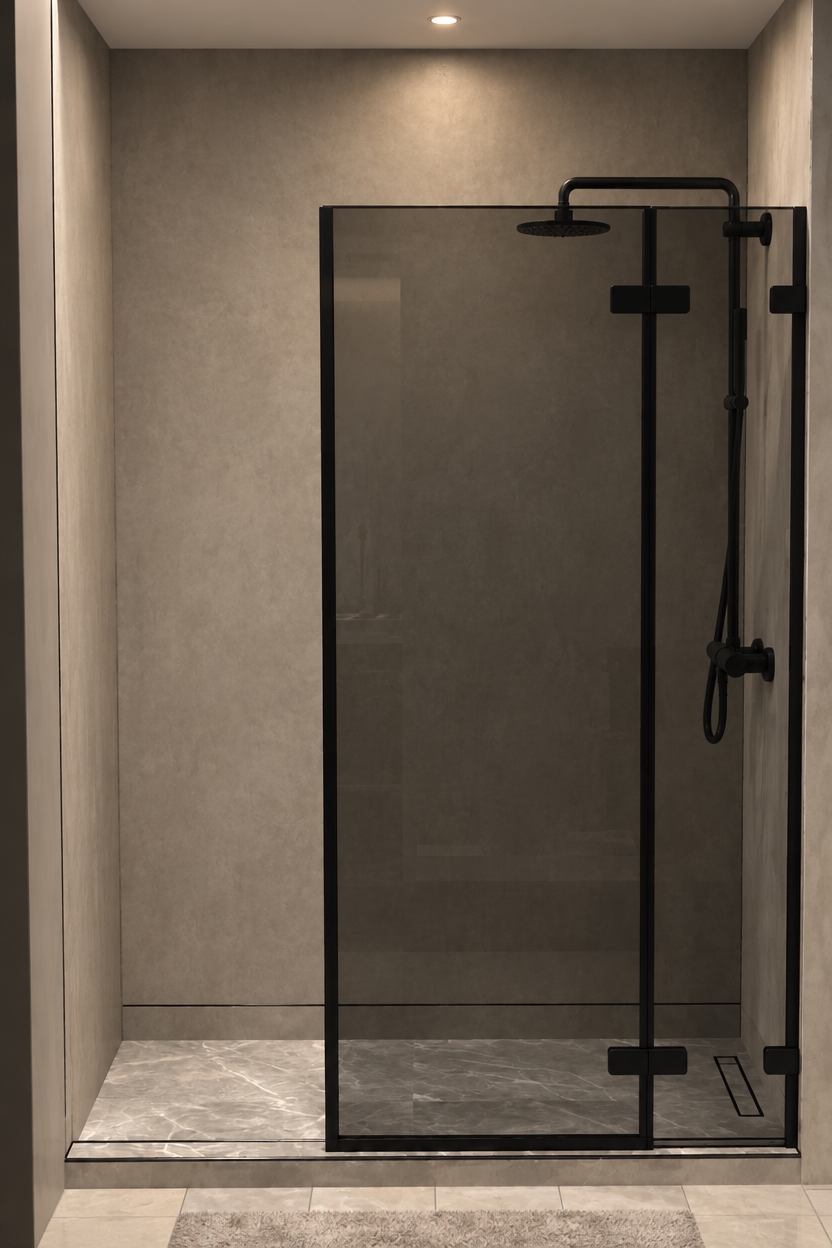 A realistic architectural photograph of the shower stall, maintaining the exact geometry, materials, and framing. Soft, diffused overhead bathroom lighting gently illuminates the smoked tempered glass, producing subtle ambient reflections and physically accurate transparency. The matte black shower head, riser rail, and hinges feature a realistic powder-coated texture, casting soft contact shadows against the smooth micro-cement walls. The marble shower floor displays subtle natural veining beneath realistic highlights, captured with a clean 35mm architectural lens, sharp depth of field, balanced dynamic range, and delicate film grain.