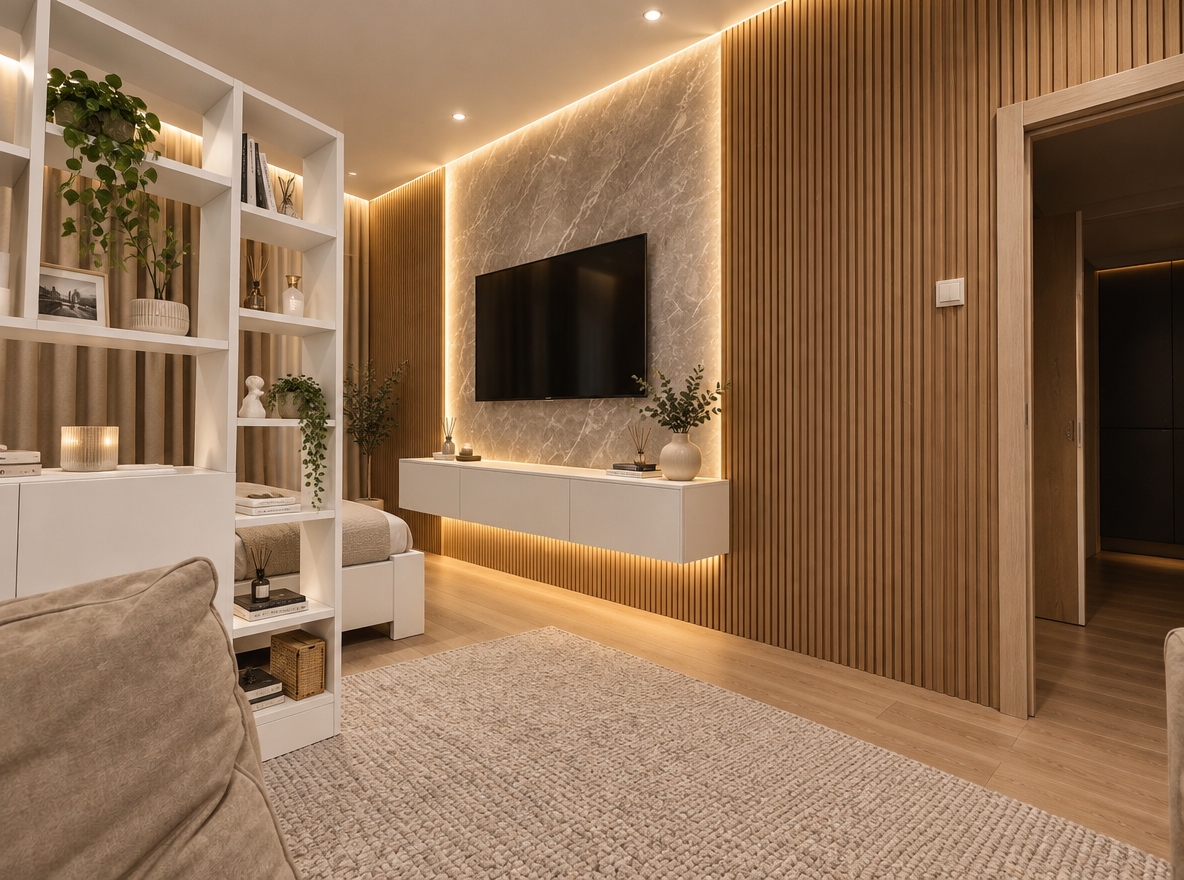 An incredibly lifelike, richly detailed, photorealistic wide-angle interior photograph of an elegantly reimagined bedroom set in a refined urban apartment. The scene is illuminated by soft, hidden LED backlighting and warm architectural recessed spotlights, creating an inviting, serene, and sophisticated atmosphere. Captured with a professional full-frame camera and a 24mm tilt-shift lens, emphasizing the tactile interplay of vertical wood fluting, matte white finishes, and textured wall surfaces.
Preserving the crisp, clean aesthetic of the original room divider, the open white shelving unit functions as an airy, elegant partition styled with minimalist ceramics, art monographs, and lush trailing greenery, gracefully defining the sleeping quarters with its pristine white bed frame. The plain TV wall is transformed into a dramatic contemporary focal point featuring warm acoustic oak fluted wood paneling and a central, backlit accent slab of honed grey-veined stone, seamlessly housing a flush-mounted smart TV with fully concealed wiring. Below, a sleek, floating matte-white console replaces the dated rolling stand, accentuating clean horizontal lines. Finished with warm wide-plank light oak flooring beneath a soft, textured wool area rug, the bedroom achieves a harmonious balance of contemporary elegance, functional spatial zoning, and elevated comfort.