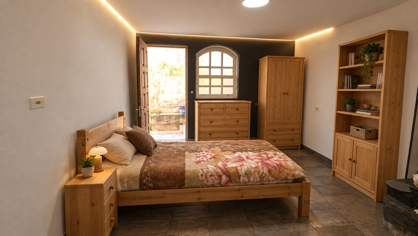 An incredibly lifelike, richly detailed, photorealistic wide-angle interior shot of a modern fusion bedroom set in a tranquil home retreat. The scene is illuminated by the ambient glow of warm LED ceiling cove lighting paired with soft daylight pouring in through the arched window and open exterior doorway, creating an inviting, serene atmosphere. Captured with a 24mm wide-angle architectural lens, emphasizing the fine organic grain and honeyed textures of solid light brown pine wood contrasted against the cool charcoal accent wall and rustic stone floor tiles. 

Following the existing layout without altering the walls, window, or door, the cyan outlines are brought to life as handcrafted solid pinewood furniture. A compact pine nightstand with sleek drawers rests neatly beside the wooden bed. Centered under the arched window stands a matching solid pine chest of drawers with subtle round pulls, offering functional warmth. Beside it against the dark feature wall, a clean-lined pine armoire wardrobe provides elegant vertical storage, while a tall, matching pine bookshelf with integrated lower cabinetry lines the right wall, seamlessly unifying the space into a cozy, refined modern sanctuary.