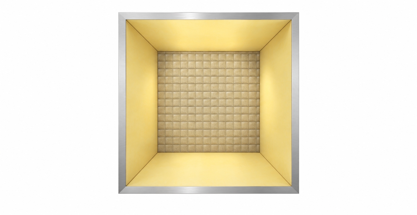 A straight-on architectural photograph preserving the exact symmetry and geometry of the recessed box. The outer border features authentic brushed aluminum textures with subtle edge highlights, framing matte pale-yellow slanted walls lit with warm, diffused illumination. The recessed rear wall exhibits tactile, finely detailed square tiles with realistic depth and contact shadows along their seams. Captured with a sharp 50mm lens at f/8, featuring crisp focus across all surfaces, natural micro-textures, and gentle photographic grain without altering any proportions or layout.