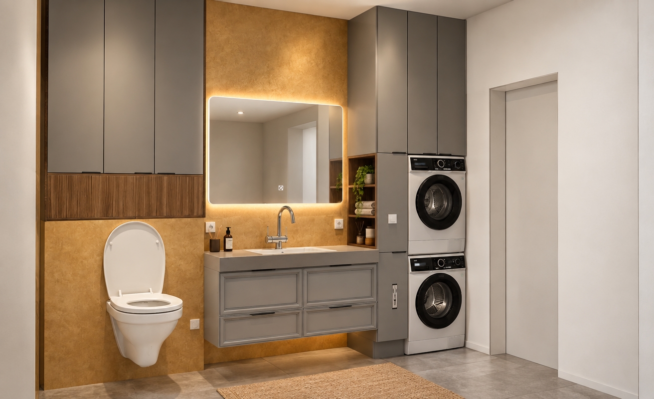 A realistic architectural photograph of the modern bathroom and laundry layout, capturing the scene with an eye-level perspective and crisp depth of field. Soft, warm ambient light balances with the cool glow from the backlit mirror, illuminating the tactile textures of the warm ochre accent wall, smooth matte gray cabinetry, and rich wood-grain accents. The polished chrome faucet and ceramic wall-hung toilet display subtle specular highlights, while the stacked washer and dryer feature glossy dark doors and fine appliance textures. Realistic diffuse shadows ground the floating vanity, and gentle floor tile reflections add authenticity to the clean, professionally photographed interior.