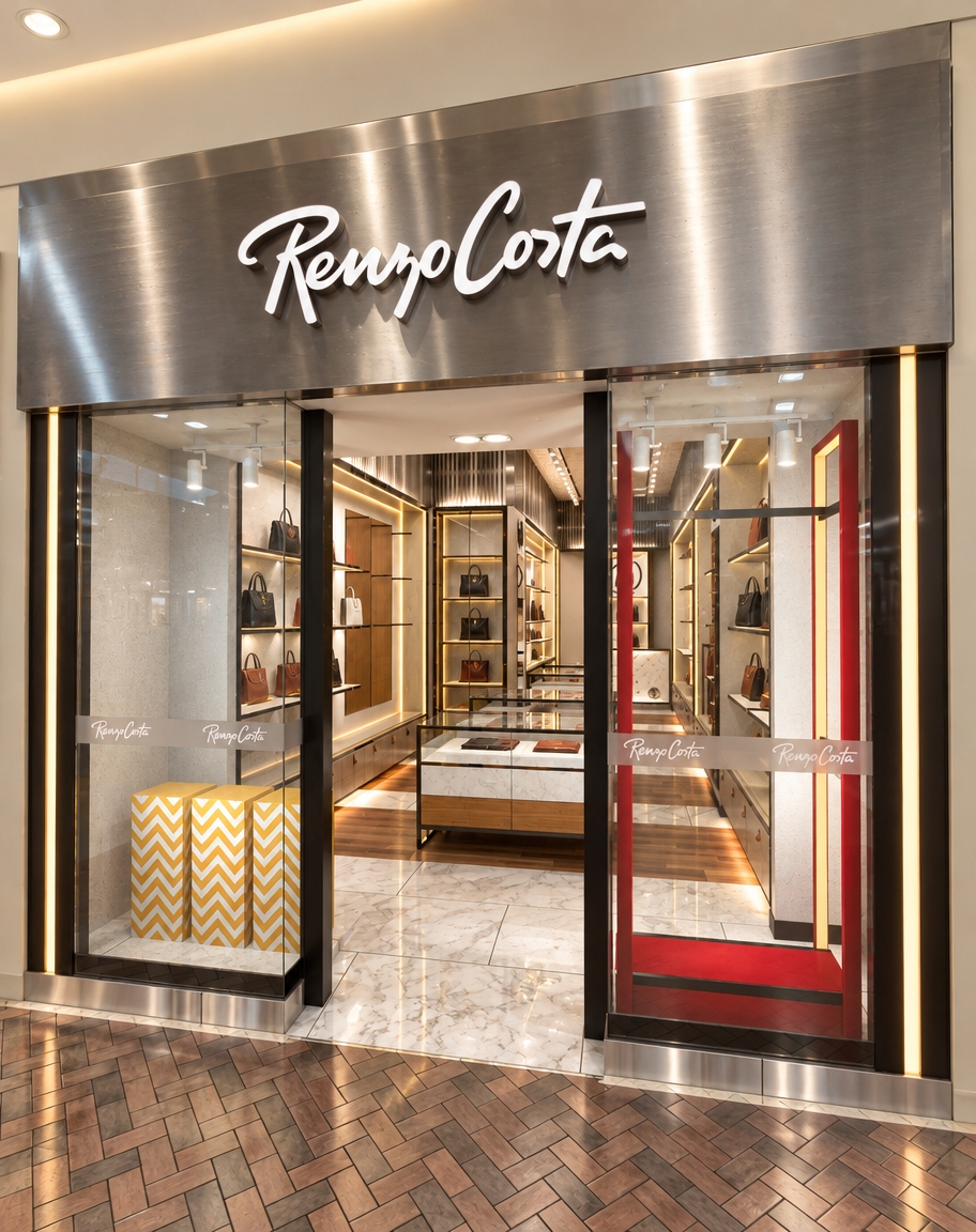 Crisp architectural photograph of the luxury boutique storefront, maintaining the exact composition and geometry. The scene is illuminated by warm, high-CRI integrated LED strip lights accenting interior shelving and millwork, complemented by bright ambient mall lighting. The brushed steel facade displays subtle anisotropic reflections beneath the solid white dimensional lettering. Clear tempered glass reveals realistic surface reflections, polished marble floor tiles, and rich interior wood tones. Captured on a sharp tilt-shift lens with balanced dynamic range, authentic micro-textures, and refined material realism.