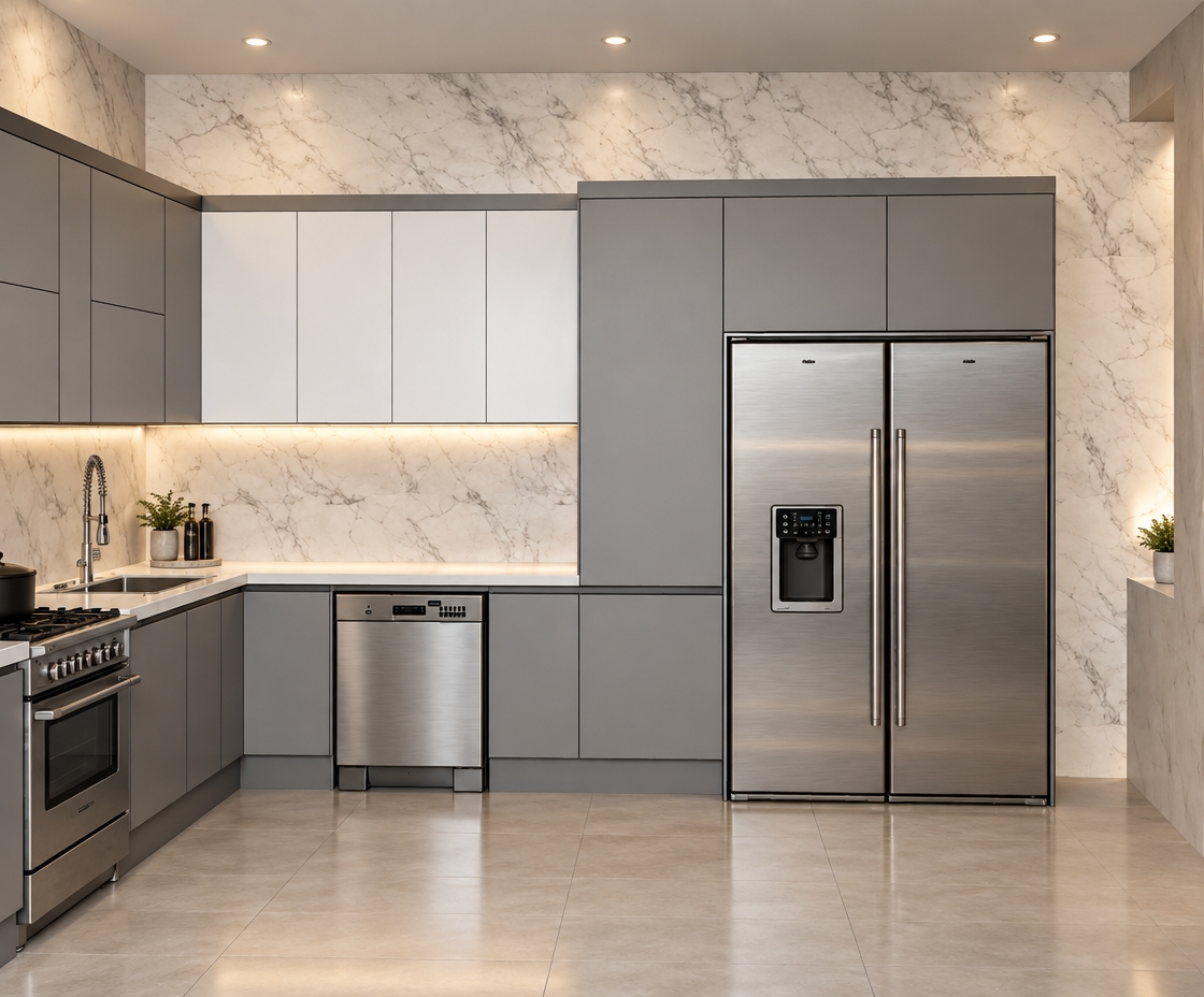 A straight-on eye-level interior photograph of this modern kitchen, maintaining the exact geometric layout, cabinetry configuration, and structural proportions of the scene. The upper center wall-mounted cabinets feature smooth, semi-matte white flat-panel finishes, while the surrounding lower cabinets and tall refrigerator enclosure are clad in clean, semi-matte medium gray panels with crisp seam gaps and subtle tactile satin sheen. The countertop is a seamless semi-gloss white solid surface, capturing gentle specular highlights from ambient lighting. A 120 cm stainless steel top-mount sink rests securely on the left counter, outfitted with a polished chrome tall gooseneck spring faucet alongside a matching stainless steel slide-in range, dishwasher, and side-by-side double-door refrigerator showing realistic brushed metal textures and faint surface reflections. The backsplash and upper accent walls showcase polished white marble slabs with delicate, semi-gloss grey veining that softly reflects light, contrasting with the warm, subtle sheen of the light-colored large-format ceramic floor tiles below. The scene is illuminated by soft, diffused architectural ceiling downlights complemented by hidden warm under-cabinet LED strips casting soft gradients across the countertop, creating realistic ambient occlusion, subtle surface imperfections, and authentic photographic depth captured on a sharp 35mm architectural lens.