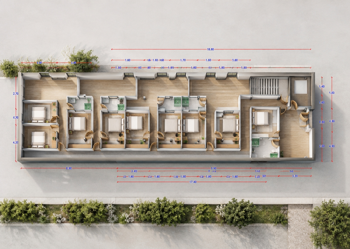 An incredibly lifelike, richly detailed, photorealistic top-down architectural photograph of a modern fusion multi-suite study and living layout set in a contemporary residential building during spring. The scene is illuminated by crisp, natural midday sunlight pouring through the exterior window openings, creating a bright, calm, and highly productive atmosphere. Captured with an overhead tilt-shift architectural lens from a direct bird's-eye perspective, emphasizing the sleek textures of light oak parquet floors, smooth matte white partitions, and tailored wood-grain desks and bed frames within each study nook. Compact en-suite bathrooms feature crisp ceramic tiles and minimalist fixtures, while precise architectural dimension lines cleanly frame the perimeter, highlighting the seamless spatial efficiency and tranquil modern aesthetic of the entire floor.