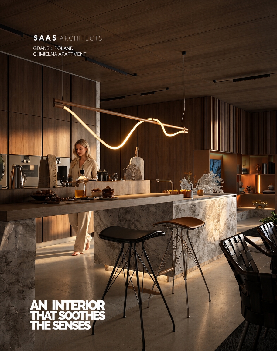Hyper-realistic architectural interior photography refinement based strictly on the reference image.
ABSOLUTE PRESERVATION:
The existing architecture, layout, geometry, proportions, furniture placement, camera position, camera height, focal length, perspective, composition, framing, spatial relationships, and any existing rug remain completely unchanged.
Do not alter, redesign, reinterpret, relocate, resize, replace, remove, add, simplify, or reconstruct any architectural element, furniture, decoration, object, fixture, appliance, opening, wall, ceiling, floor geometry, kitchen island, cabinetry, doors, windows, or built-in element.
Do not change the camera angle or viewpoint in any way.
Do not crop, zoom, pan, tilt, rotate, dolly, shift, or reframe the image.
The original composition must remain exactly the same.
Only improve photographic realism, surface realism, material depth, human realism, texture quality, and physically accurate light–material interaction.
No redesign.
No reinterpretation.
No creative alteration.
No change to the architecture.
No change to the furniture layout.
No change to the composition.
The final image must remain visually identical in architecture and composition to the reference image, with only the requested material and human-realism refinements applied.
PHOTOGRAPHIC INTENT:
Transform the reference into an ultra-realistic, high-end editorial architectural photograph.
The image must look like a real professional architectural interior photograph captured on a full-frame professional camera, not a 3D render or CGI visualization.
Preserve the exact architectural design while upgrading the visual realism to an extremely sophisticated photographic level.
The final result should resemble a luxury architectural editorial photographed for a premium architecture or interior-design magazine.
Natural photographic imperfections, physically accurate materials, realistic light falloff, authentic reflections, subtle lens characteristics, realistic depth, and organic micro-detail.
No artificial perfection.
No CGI appearance.
No digital illustration.
No stylization.
OVERALL MOOD:
Dark, moody, low-key interior photography with a refined, intimate, sophisticated atmosphere.
The interior should feel warm, quiet, luxurious, tactile, calm, and naturally lived-in.
Maintain deep blacks and controlled shadows while preserving sufficient detail in dark areas.
Subtle natural lens vignette gently darkens the outer edges of the frame while keeping the central architectural composition clear and detailed.
Use restrained cinematic underexposure without destroying material information.
The image should feel sophisticated and atmospheric rather than dramatically stylized.
No excessive contrast.
No crushed shadow detail.
No artificial HDR.
No exaggerated cinematic effects.
LIGHTING:
Physically accurate architectural photography lighting.
Use deliberate cinematic underexposure while maintaining realistic exposure relationships between the interior, woman, furniture, walls, floor, and architectural elements.
Warm artificial lighting approximately 2700–3000K remains restrained, soft, directional, and realistic.
The warm artificial light should gently graze the walnut surfaces and architectural elements, revealing the natural grain, pores, subtle surface imperfections, and material depth primarily through controlled highlights and shadows.
Natural sunlight remains present and readable.
Soft natural daylight enters the space naturally and interacts with the floor, kitchen island, walnut cabinetry, walls, furniture, and the woman.
Natural daylight should create subtle controlled highlights, soft shadows, realistic reflections, and believable colour transitions.
Global illumination must remain physically correct but restrained.
Use realistic indirect bounce light, subtle ambient occlusion, physically accurate shadow density, realistic light falloff, and natural reflected colour from the walnut surfaces.
No dramatic artificial beams.
No theatrical lighting.
No glowing objects.
No excessive bloom.
No lens flare.
No stylized lighting effects.
FLOOR – LIGHT POLISHED CONCRETE:
The floor is replaced with light warm grey polished concrete while preserving the exact existing floor geometry, perspective, dimensions, joints, transitions, and spatial relationships.
Surface tone:
Soft light grey with subtle warm undertones and delicate natural tonal variation.
Avoid cold blue-grey coloration.
Finish:
Smooth, dense, mechanically polished concrete with a refined satin sheen.
Not mirror-like.
Not glossy.
Not wet-looking.
Micro-texture:
Visible fine aggregate.
Subtle mottling.
Very fine tonal variation.
Faint trowel marks.
Natural microscopic irregularities.
Subtle pores and mineral variation.
Reflectance:
Physically accurate low-to-medium reflectivity.
Light sources and surrounding architecture may create soft, broad, blurred reflections.
Reflections must never appear sharp, mirror-like, metallic, or artificially glossy.
Light interaction:
Grazing light gently reveals subtle surface variation, micro-imperfections, and fine texture.
The floor should feel heavy, mineral, tactile, architectural, and genuinely physical.
No wet look.
No high gloss.
No artificial uniformity.
No plastic appearance.
No CGI floor texture.
WALLS & CABINET FRONTS – PREMIUM DARK AMERICAN WALNUT VENEER:
All wall cladding, full-height wall panels, cabinet fronts, tall units, millwork, doors, built-ins, and all existing wood-finished architectural elements are finished in premium natural American Black Walnut veneer (Juglans nigra).
Preserve the existing design, proportions, panel layout, joint pattern, dimensions, geometry, doors, openings, and architectural composition exactly as shown in the reference image.
Use authentic architectural-grade natural walnut veneer with a rich, deep brown base and subtle warm undertones.
The overall colour should range naturally from dark chocolate brown to deep espresso brown, with slightly lighter warm brown variations naturally occurring within the grain.
The wood must have a sophisticated dark luxury appearance without becoming black.
Maintain enough tonal variation and surface depth for the natural walnut grain to remain clearly visible under both natural daylight and warm artificial lighting.
AUTHENTIC VENEER:
Use authentic book-matched or carefully slip-matched natural veneer.
Maintain continuous grain flow across adjacent wall panels, cabinet fronts, doors, and millwork.
The result should resemble bespoke high-end custom architectural joinery.
Natural American Black Walnut characteristics:
- rich chocolate and espresso-brown coloration
- subtle warm brown undertones
- muted caramel undertones in selected areas
- refined flowing grain
- naturally irregular growth patterns
- occasional subtle cathedral grain formations
- fine open pores
- subtle mineral variation
- realistic darker and lighter grain transitions
- authentic veneer seams
- realistic panel transitions
- natural variation between individual veneer sheets
The grain should remain elegant, relatively calm, refined, and architectural.
Avoid excessively dramatic rustic patterns.
The overall appearance must feel contemporary, sophisticated, expensive, restrained, and highly crafted.
COLOR CONSISTENCY:
Maintain a coherent dark walnut palette across all wood surfaces.
Do not introduce:
- reddish mahogany
- orange wood
- yellow oak
- grey wood
- artificial black wood
- flat dark brown
- overly red tones
- overly orange tones
The walnut should remain unmistakably natural American Black Walnut.
The veneer should appear naturally stained only enough to achieve the desired deep walnut tone while preserving the authentic optical depth, pore structure, grain variation, and dimensional character of real walnut.
FINISH:
Ultra-high-quality matte-to-satin clear lacquer, approximately 5–10 GU.
The finish should softly diffuse incoming light while preserving:
- tactile character
- pore structure
- grain depth
- natural dimensionality
- subtle surface imperfections
- authentic wood texture
The surface must never appear:
- glossy
- plastic
- laminated
- artificially black
- overly polished
- synthetic
- flat
- CGI-generated
LIGHT INTERACTION WITH WALNUT:
Warm ambient light creates subtle, soft highlights along the walnut grain.
Natural daylight reveals slightly cooler brown variations and three-dimensional veneer depth.
Grazing light emphasizes:
- pores
- grain direction
- veneer transitions
- subtle panel joints
- tiny surface irregularities
- natural tonal variation
Reflections remain broad, soft, restrained, and physically accurate.
No repeating texture.
No cloned grain.
No procedural-looking wood.
No artificial symmetry.
No laminate appearance.
No flat brown colour.
No excessive red.
No excessive orange.
No fake CGI wood.
The walnut must remain visually consistent throughout the image, with the same species, coloration, finish, grain character, and material identity.
MATERIAL REALISM:
All materials must exhibit physically accurate behaviour under the existing lighting.
Upholstered fabrics exhibit realistic textile density, visible individual fibres, soft light absorption, natural creasing, subtle compression, and realistic shadow behaviour.
Stone surfaces appear heavy, tactile, mineral, and physically dense, with true depth, micro-porosity, subtle tonal variation, and uneven reflectance revealed only where light grazes the surface.
Glass remains physically transparent with restrained, realistic reflections and subtle refraction.
Metal surfaces remain subdued with controlled specular highlights.
No material should appear excessively glossy or artificially perfect.
Every surface should contain subtle real-world micro-imperfections appropriate to its material.
WOMAN – EXACT SAME WOMAN AS THE PREVIOUSLY CREATED REFERENCE:
Add the SAME blonde woman from the previously created reference image.
She must visually correspond to the exact same woman previously generated.
Do NOT generate a different woman.
Preserve the same overall character, facial character, blonde hairstyle, body proportions, natural beauty, age appearance, feminine silhouette, and relaxed editorial presence.
She should look as though she is the exact same real woman photographed in another frame of the same professional architectural photoshoot.
CHARACTER CONSISTENCY:
Maintain the same:
- blonde hair character
- hairstyle
- facial proportions
- facial character
- natural expression
- body type
- body proportions
- feminine silhouette
- overall appearance
- relaxed personality
- realistic photographic quality
Do not change her into a different person.
Do not create a generic blonde model.
Do not alter her facial structure unnecessarily.
Do not make her younger or older.
Do not make her excessively glamorous.
Do not apply beauty-filter aesthetics.
APPEARANCE:
Naturally beautiful adult blonde woman.
Long, loose, softly wavy blonde hair.
Warm natural blonde colour with subtle darker blonde roots and realistic tonal variation.
Individual hair strands must be visible.
Hair should contain natural flyaway strands, subtle irregularities, realistic density, believable volume, and natural highlights.
Facial features should be refined but completely natural.
Preserve subtle natural facial asymmetry.
Skin should contain realistic pores, tiny imperfections, subtle tonal variation, believable translucency, and physically accurate subsurface scattering.
No plastic skin.
No airbrushed skin.
No artificial beauty filter.
No excessive smoothing.
OUTFIT – EXACT SAME BEIGE LINEN-LOOK TWO-PIECE SET:
The woman wears EXACTLY the same beige linen-look women's two-piece outfit previously created for her.
The outfit is a refined, relaxed, sophisticated women's linen-look set in the same style as the previously generated reference.
It consists of:
- relaxed oversized beige tailored blazer
- matching very wide-leg full-length trousers
- flowing wide trouser silhouette
- warm natural beige / sand / light taupe colour
- soft linen-look textile
- authentic woven fabric structure
- subtle visible linen fibres
- natural irregularities in the weave
- matte tactile surface
- relaxed contemporary tailoring
- understated luxury aesthetic
- effortless high-end editorial appearance
The outfit must visually match the previously created beige linen-look wide-leg two-piece set as closely as possible.
The trousers must remain VERY WIDE, flowing, relaxed, and full-length.
The trouser legs should naturally fall toward the floor with realistic weight, gravity, folds, and fabric movement.
The blazer should have a relaxed, slightly oversized silhouette with natural draping and realistic construction.
The clothing must look like genuine premium linen or a very high-quality linen-look fabric.
No synthetic appearance.
No plastic appearance.
No glossy fabric.
No excessive stiffness.
No fashion illustration.
No different outfit.
Do not replace the outfit with a dress, skirt, jeans, narrow trousers, leggings, shirt, or another fashion style.
Do not add bright colours, prints, patterns, logos, or unnecessary accessories.
The overall outfit remains understated, elegant, natural, neutral, and architectural.
BAREFOOT:
The woman is barefoot.
Her feet must be anatomically correct and naturally positioned.
Correct toes, correct proportions, natural skin texture, realistic contact with the floor.
Her feet must be firmly grounded on the polished concrete.
Use subtle physically accurate contact shadows.
No floating feet.
No distorted toes.
No anatomical errors.
POSE:
The woman stands naturally and calmly within the existing interior.
Her posture is relaxed, subtle, elegant, and believable.
Avoid a fashion-model pose.
Avoid exaggerated body language.
Avoid dramatic gestures.
Natural weight distribution between both legs.
Relaxed shoulders.
Subtle asymmetry.
Natural position of arms and hands.
Her posture should feel spontaneous and incidental, as though she is naturally inhabiting the architectural space.
She should not appear to be intentionally posing for the camera.
HUMAN SCALE:
Maintain physically correct human scale and proportions relative to:
- kitchen island
- cabinetry
- doors
- walls
- floor
- furniture
- architectural openings
- ceiling height
- surrounding objects
The woman must be correctly integrated into the spatial perspective.
No oversized body.
No undersized body.
No distorted proportions.
HYPER-REALISTIC HUMAN DETAIL:
The woman must look completely real.
Skin:
- realistic pores
- subtle fine lines
- natural imperfections
- realistic tonal variation
- believable translucency
- soft subsurface scattering
- natural highlights
- realistic shadow transitions
Hair:
- individual strands
- natural flyaway hairs
- realistic density
- physically believable volume
- subtle tonal variation
- natural highlights
- realistic interaction with ambient light
Hands:
- anatomically correct hands
- realistic fingers
- correct finger proportions
- natural joints
- subtle skin folds
- realistic nails
Feet:
- anatomically correct
- realistic toes
- realistic skin texture
- natural weight distribution
- accurate contact with floor
FACIAL REALISM:
The face must look like a real photographed person.
Maintain natural facial asymmetry and subtle imperfections.
No artificial symmetry.
No doll-like appearance.
No mannequin appearance.
No generic AI face.
No overly perfect beauty.
No waxy skin.
No excessive sharpening.
No beauty retouching.
The woman's face should retain the subtle imperfections and organic realism characteristic of an authentic professional photograph.
CLOTHING REALISM:
The linen-look fabric must behave physically like real woven fabric.
Include:
- authentic fibre structure
- subtle weave visibility
- natural wrinkles
- soft creasing
- realistic compression
- gravity-driven folds
- slight irregularity
- natural tension around elbows
- realistic folds around waist
- realistic folds around hips
- natural draping around legs
- matte light absorption
- subtle highlights only where fabric catches light
The clothing must respond naturally to gravity and body movement.
No painted fabric.
No synthetic cloth.
No plastic texture.
No perfectly smooth surfaces.
INTEGRATION WITH ARCHITECTURE:
The woman must be physically integrated into the existing interior.
She must receive exactly the same lighting conditions as the surrounding architecture.
Her skin, hair, clothing, and body must respond naturally to the same warm artificial light and natural daylight.
Use physically accurate:
- indirect illumination
- reflected light
- colour bounce
- ambient occlusion
- contact shadows
- cast shadows
- light falloff
- exposure
- depth
- atmospheric interaction
The walnut walls should subtly reflect warm tones onto her clothing and skin where physically appropriate.
The light warm-grey polished concrete should subtly reflect surrounding light without creating artificial mirror reflections.
Her presence must feel as if she was physically standing in the interior during the original architectural photoshoot.
No cutout appearance.
No pasted-on appearance.
No halo.
No edge artefacts.
No mismatched sharpness.
No mismatched colour temperature.
No mismatched exposure.
No artificial compositing.
CAMERA AND COMPOSITION:
The camera remains COMPLETELY LOCKED.
Preserve exactly:
- camera position
- camera height
- focal length
- perspective
- viewing direction
- framing
- crop
- composition
- architectural proportions
- spatial relationships
Do not move the camera.
Do not zoom.
Do not crop.
Do not change the lens.
Do not create another angle.
Do not introduce another shot.
Do not alter the perspective.
The woman must be inserted into the existing composition without changing the framing.
DEPTH OF FIELD:
Natural full-frame architectural photography depth of field.
Maintain realistic focus relationships between architecture and woman.
No artificial excessive background blur.
No cinematic fake bokeh.
No exaggerated shallow depth of field.
The image must retain sufficient architectural detail throughout the scene.
PHOTOGRAPHIC MICRO-DETAIL:
Extremely realistic micro-contrast and organic sharpness.
Natural full-frame camera rendering.
Subtle optical characteristics of a professional architectural lens.
Natural tonal roll-off.
Realistic highlight behaviour.
Realistic shadow transitions.
Subtle film grain.
No oversharpening.
No excessive clarity.
No HDR appearance.
No artificial micro-contrast.
No digital noise.
FINAL IMAGE QUALITY:
Extreme detail.
Hyper-realistic material definition.
Organic photographic sharpness.
Physically accurate light–material interaction.
Natural human realism.
Realistic architectural scale.
Realistic reflections.
Realistic shadows.
Realistic textures.
Realistic colour grading.
Deep blacks.
Controlled highlights.
Subtle film grain.
Natural tonal roll-off.
Sophisticated editorial photography aesthetic.
The final image must be completely indistinguishable from a real high-end architectural photograph captured on a professional full-frame camera.
The architecture must remain exactly as in the reference.
The camera must remain exactly as in the reference.
The composition must remain exactly as in the reference.
The woman must look like the SAME blonde woman previously created, wearing the SAME beige linen-look wide-leg two-piece outfit, naturally photographed inside the space.
She must appear completely real, natural, anatomically correct, physically grounded, and perfectly integrated into the architectural photograph.
NO CGI LOOK.
NO 3D RENDER LOOK.
NO AI-GENERATED LOOK.
NO STYLIZATION.
NO ARTIFICIAL PERFECTION.
NO PLASTIC SKIN.
NO MANNEQUIN APPEARANCE.
NO FASHION-ILLUSTRATION LOOK.
NO BEAUTY-FILTER EFFECT.
NO DISTORTED HANDS.
NO DISTORTED FEET.
NO ANATOMICAL ERRORS.
NO FLOATING BODY.
NO CUTOUT EFFECT.
NO HALO.
NO COMPOSITING ARTEFACTS.
NO CHANGE TO ARCHITECTURE.
NO CHANGE TO CAMERA.
NO CHANGE TO COMPOSITION.
NO CHANGE TO FURNITURE PLACEMENT.