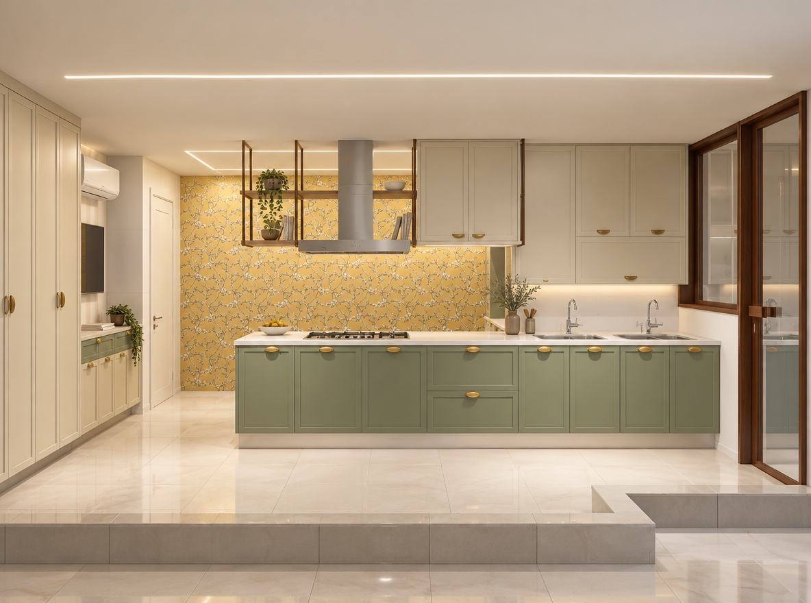 A photorealistic architectural photograph capturing the exact kitchen layout straight-on with a wide-angle lens. The flat white ceiling features embedded warm-white LED linear profile channels providing soft, diffuse ambient lighting and subtle downcast shadows. The long kitchen counter is finished in matte sage-green shaker-style cabinetry with brushed brass half-moon hardware, topped by a clean white solid surface counter with chrome faucets and a stainless steel range hood. In the background, the yellow patterned accent wall is gently highlighted, complemented by smooth beige pantry cabinetry on the left and a warm wooden glass doorway on the right. The floor is composed of smooth, seamless white polished tiles displaying subtle specular reflections from the overhead LED profiles, rendering realistic surface textures, accurate material physics, and sharp interior clarity.