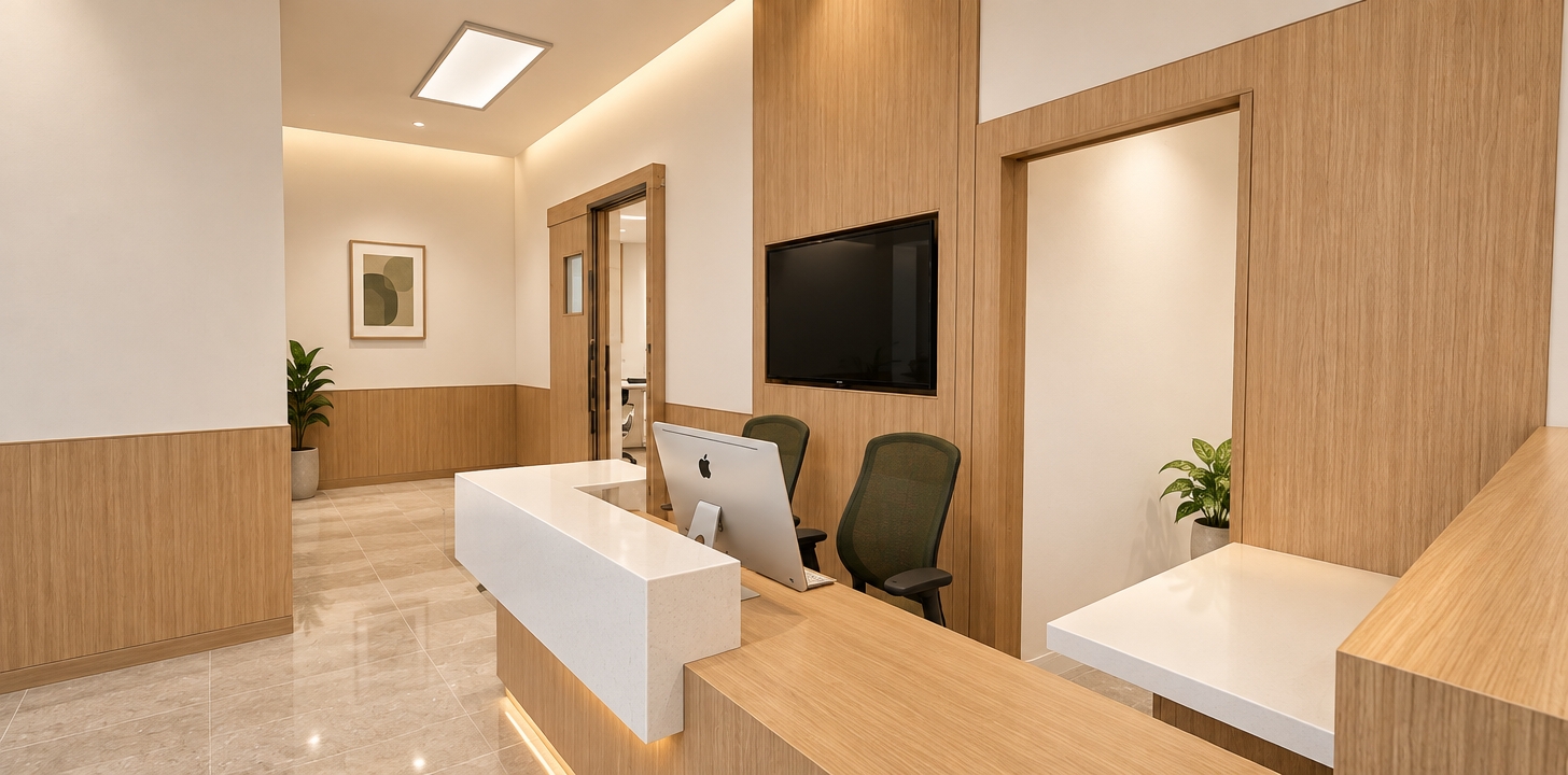 A crisp architectural photograph of the reception area preserving the exact geometry, captured in a calming, stress-free atmosphere illuminated by soft, warm-toned 3000K diffused lighting. The floor is surfaced in realistic polished granito tiles with faint, natural reflections, while the walls and reception counter feature light oak wood paneling with subtle grain and a smooth satin finish. Matte white drywall surfaces and clean desk trims balance the warmth, accompanied by realistic low-glare reflections on the black wall-mounted display, brushed aluminum finishes on the desktop computer, and fine mesh textures on the ergonomic office chairs. Shot on a wide-angle architectural lens with sharp edge-to-edge clarity, natural ambient shadows, and balanced interior dynamic range.