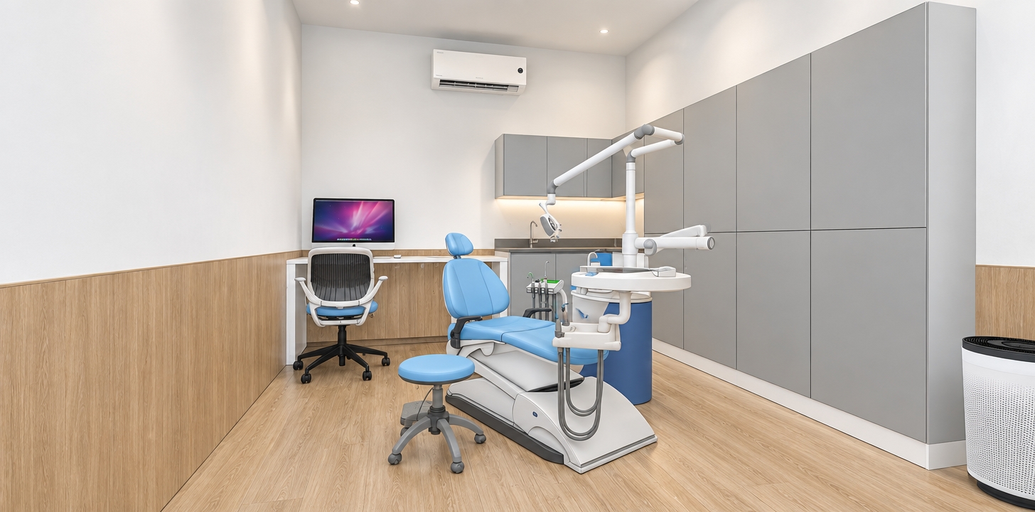An incredibly lifelike, richly detailed, photorealistic interior photo of a modern, minimalist dental operatory set in a professional medical facility. The scene is illuminated by soft, diffused clinical lighting, creating a sterile yet inviting and calm atmosphere. Captured with a 24mm wide-angle lens, emphasizing the clean textures of the light oak wood paneling that wraps the lower half of the walls and the smooth, matte finish of the integrated grey cabinetry. The composition centers on a state-of-the-art ergonomic dental chair upholstered in a soothing sky-blue leather, flanked by a high-tech instrument delivery system with gleaming chrome accents. To the left, a sleek, white workstation features a vibrant, high-resolution monitor and a modern ergonomic task chair, grounded by the warm, natural grain of the wood-look flooring. Subtle details, such as the whisper-quiet wall-mounted air conditioning unit and the refined, handleless cabinet doors, suggest a space designed for both maximum hygiene and patient comfort. The perspective draws the eye from the pristine, uncluttered workspace across to the clinical zone, where reflections on the medical equipment add a sense of depth and authentic materiality, perfectly capturing the intersection of functional healthcare design and contemporary aesthetics.