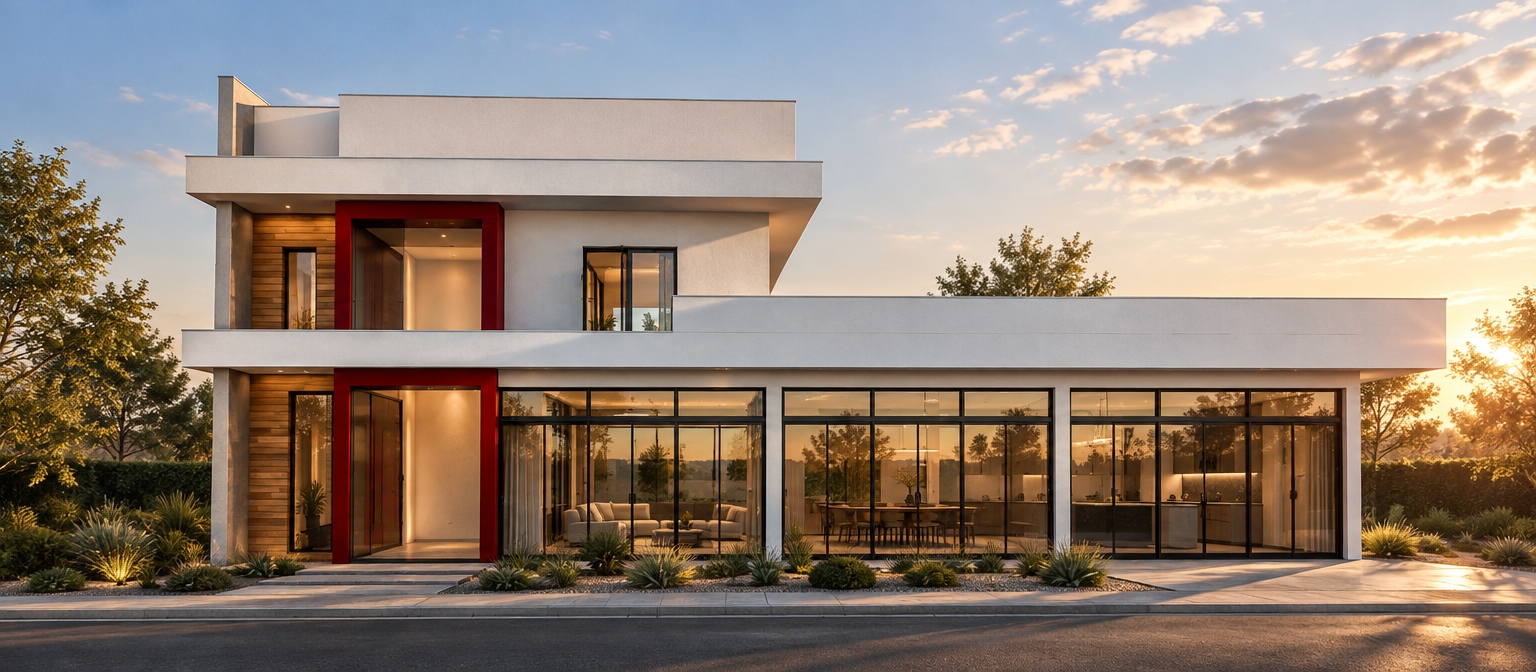 An incredibly lifelike, richly detailed, photorealistic eye-level exterior shot of a modern fusion residence set in a manicured urban landscape. The scene is illuminated by the soft, golden-hour glow of a late afternoon sun, creating a warm, inviting atmosphere that highlights the clean, geometric lines of the structure. Captured with a 35mm lens, the rendering emphasizes the sophisticated contrast between the pristine matte white cantilevered volumes and the deep, vibrant crimson steel framing of the recessed entry. 

The composition celebrates modular, industrial-inspired design, where expansive floor-to-ceiling black-framed glass storefronts stretch across the ground floor, offering a glimpse into an open-concept interior bathed in soft ambient light. Adjacent to the glass, a striking vertical accent wall of rich, horizontally-laid natural timber provides a warm, organic counterbalance to the stark, smooth white surfaces and metallic trim. The architecture is defined by its bold, floating horizontal planes and minimalist aesthetic, while the foreground is softened by subtle, lush greenery and perfectly placed drought-tolerant shrubs, grounding the house in its refined environmental context. The interplay of deep shadows and sharp highlights creates a dynamic sense of depth, turning the home into a piece of functional, abstract art.