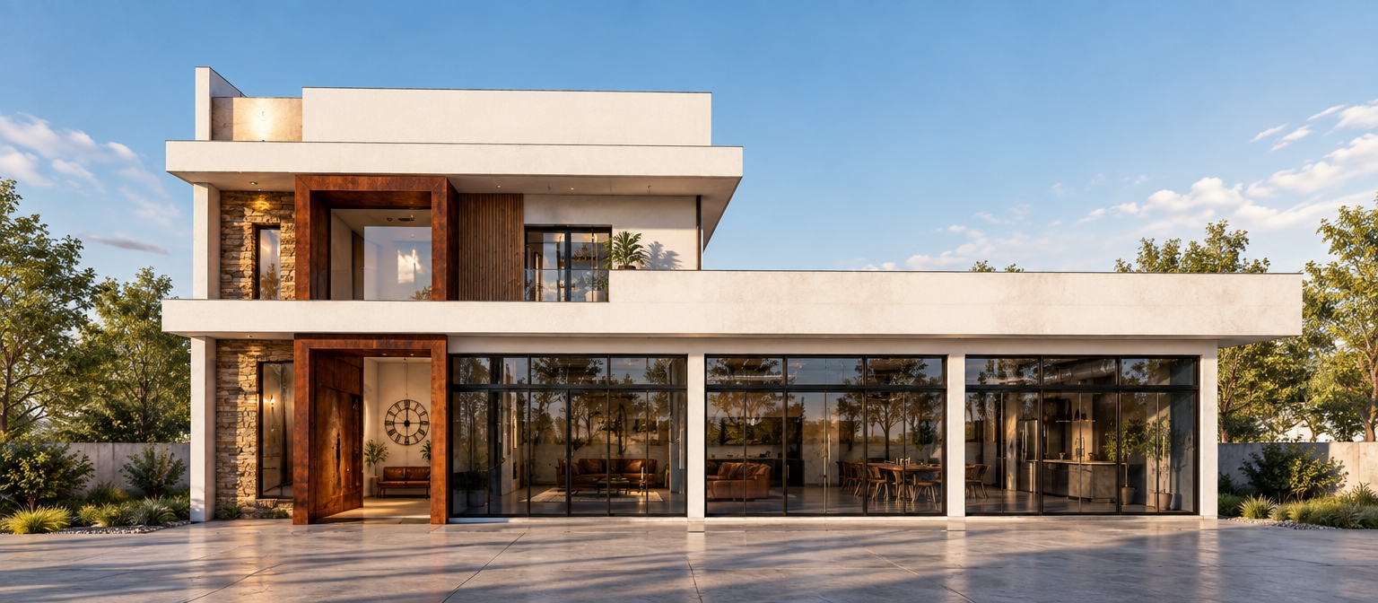 An incredibly lifelike, richly detailed, photorealistic eye-level exterior shot of a modern industrial-loft villa set in a pristine, sun-drenched urban plot. The scene is illuminated by crisp, late-afternoon sunlight, creating a warm, inviting atmosphere with sharp, clean shadows that emphasize the building’s geometric volumes. Captured with a Phase One XF, 35mm lens, emphasizing the tactile contrast between the smooth, matte-white stucco facade, the rugged texture of the natural stone cladding, and the striking, deep rust-colored steel frames that act as a bold architectural accent.

The architecture marries warehouse-inspired aesthetics with refined minimalism; the ground floor features a expansive, transparent storefront-style curtain wall with black mullions that reveal a glimpse of the interior’s polished concrete floors and exposed structural ductwork. Upstairs, the residence showcases a sophisticated play of depth, where recessed balconies and vertical timber-clad accents ground the design in warmth. The composition is balanced and symmetrical, highlighting the linear flow of the flat rooflines and the rhythmic placement of the glass panels. Soft, manicured landscaping subtly borders the base of the home, while the reflection in the tempered glass reveals silhouettes of a curated industrial interior, complete with vintage leather furnishings and a grand, oversized wall clock visible through the secondary openings. The perspective is perfectly leveled, lending the structure a sense of permanence and high-end design authority.