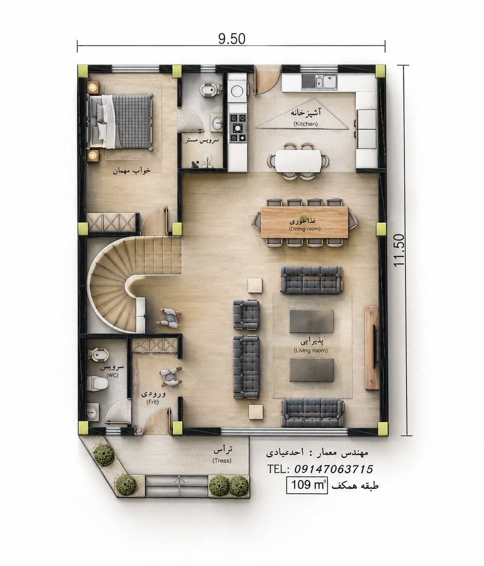 An incredibly lifelike, richly detailed, photorealistic top-down architectural cutaway photograph of a modern fusion residence set in an upscale contemporary interior. The scene is illuminated by soft, diffused natural daylight balanced with subtle, warm recessed lighting, creating an airy, sophisticated, and welcoming atmosphere. Captured with a high-resolution medium-format camera paired with a perspective-correcting tilt-shift lens, emphasizing the rich textures of light-oak parquet flooring, honed marble, and tailored upholstery.

The spacious living room anchors the open layout with plush, graphite-gray tufted sofas arranged around dual low-profile minimalist coffee tables, facing a dedicated media wall. Adjacent sits an eight-seat dining set crafted from light natural timber beneath sleek pendant fixtures, flowing seamlessly into an open-concept kitchen fitted with seamless white quartz countertops, integrated stainless steel cooktops, and a central breakfast island. In the private wing, the guest suite is dressed in crisp woven linens alongside a polished porcelain-clad en-suite bath, while an elegant, sculptural spiral staircase with curved white plaster railings and warm wooden treads sweeps upward toward the floor above. Crisp architectural cast shadows delineate every wall and doorway, lending tangible three-dimensional depth and precise geometric harmony to the entire home.