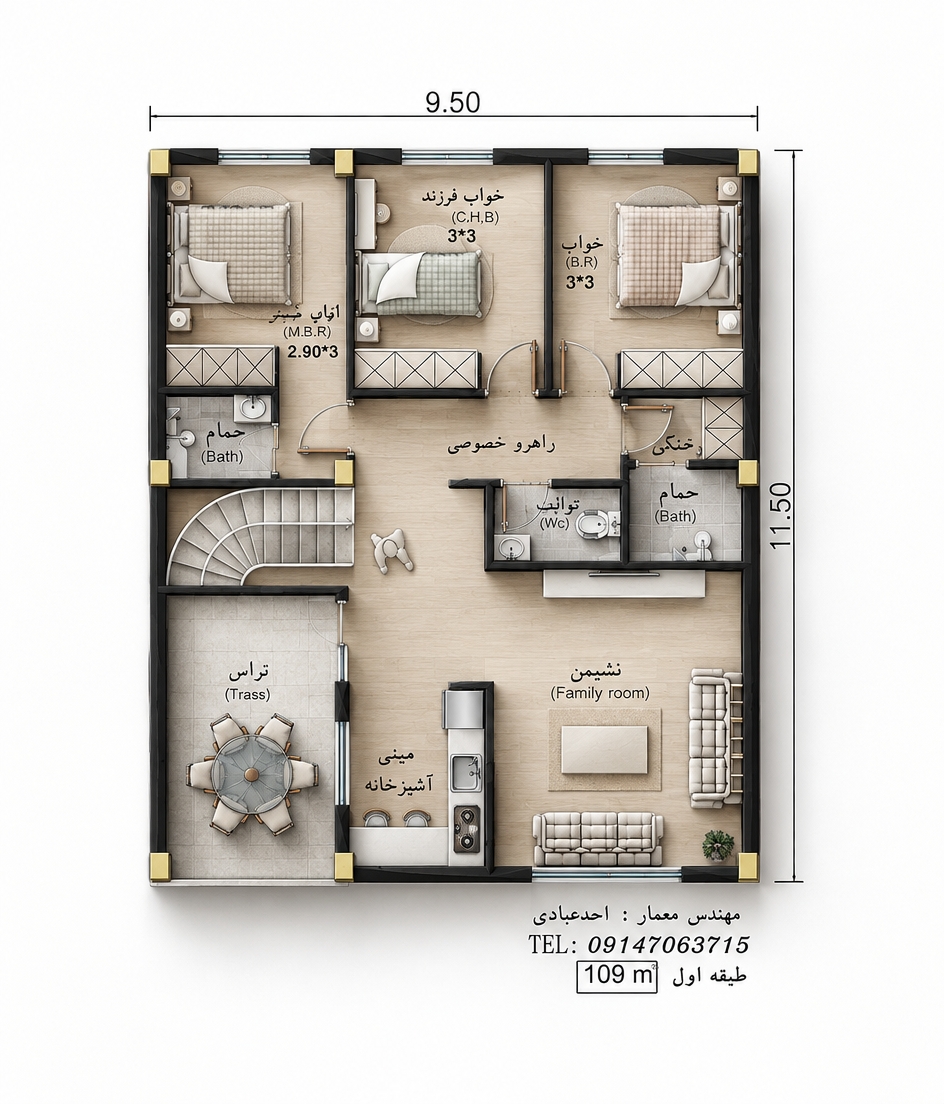 An incredibly lifelike, richly detailed, photorealistic top-down architectural cutaway photograph of an elegant, modern three-bedroom apartment set in a contemporary residential building. The scene is illuminated by soft, diffused daylight pouring through generous exterior window openings combined with warm, subtle interior cove lighting, creating a calm, sophisticated, and inviting atmosphere. Captured with a medium-format camera and a high-resolution tilt-shift lens directly overhead, emphasizing the ultra-fine textures of light-oak parquet flooring, honed matte-white walls, and cool porcelain tile finishes in the wet areas. 

Every spatial zone preserves absolute technical precision: the lower-right family room features plush, textured linen-upholstered sofas centered around a minimalist coffee table, directly adjacent to a compact, sleek open-concept kitchen fitted with smooth quartz countertops and built-in stainless-steel appliances. To the lower left, the breezy outdoor terrace is paved in light stone pavers and arranged with a contemporary glass-topped circular dining set. A beautifully sculpted winding staircase curves upward beside the private hallway, which neatly branches into a centrally located powder room, a guest bathroom, and three peaceful bedrooms across the upper wing—each outfitted with crisp, folded cotton duvets, minimalist nightstands, and streamlined built-in wardrobes, rendered in clean, pristine architectural clarity.