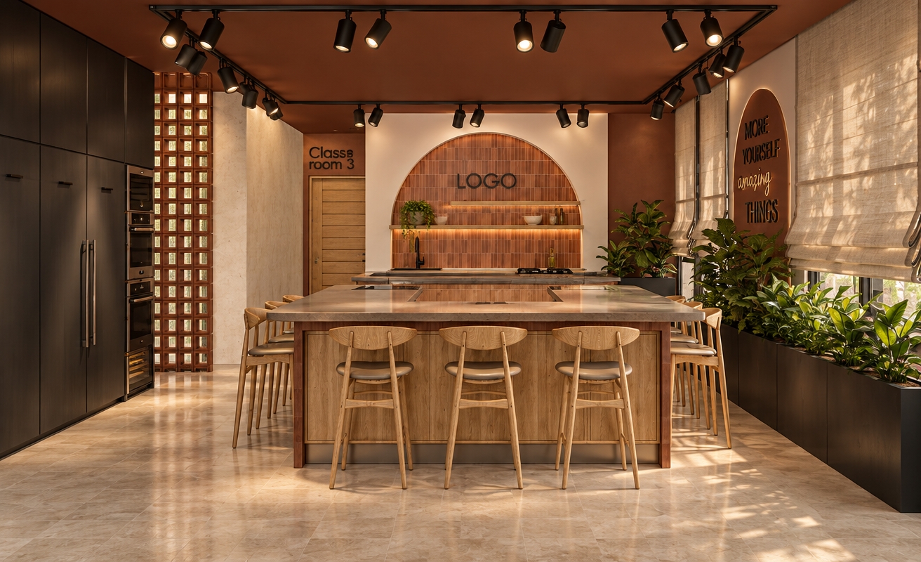 Eye-level architectural photograph capturing the exact scene and layout, rendered with realistic surface textures, soft directional track lighting, and a polished light beige Tela marble floor with subtle veining and soft ambient reflections. The matte black cabinetry, natural light wood barstools, smooth counter surfaces, and terracotta arched tile backsplash exhibit authentic material physics and delicate contact shadows. Lush green foliage in the side planter and woven fabric on the roman shades are bathed in warm, balanced illumination from the overhead ceiling spotlights, captured cleanly on a professional wide-angle lens with natural photorealistic depth and clarity.
