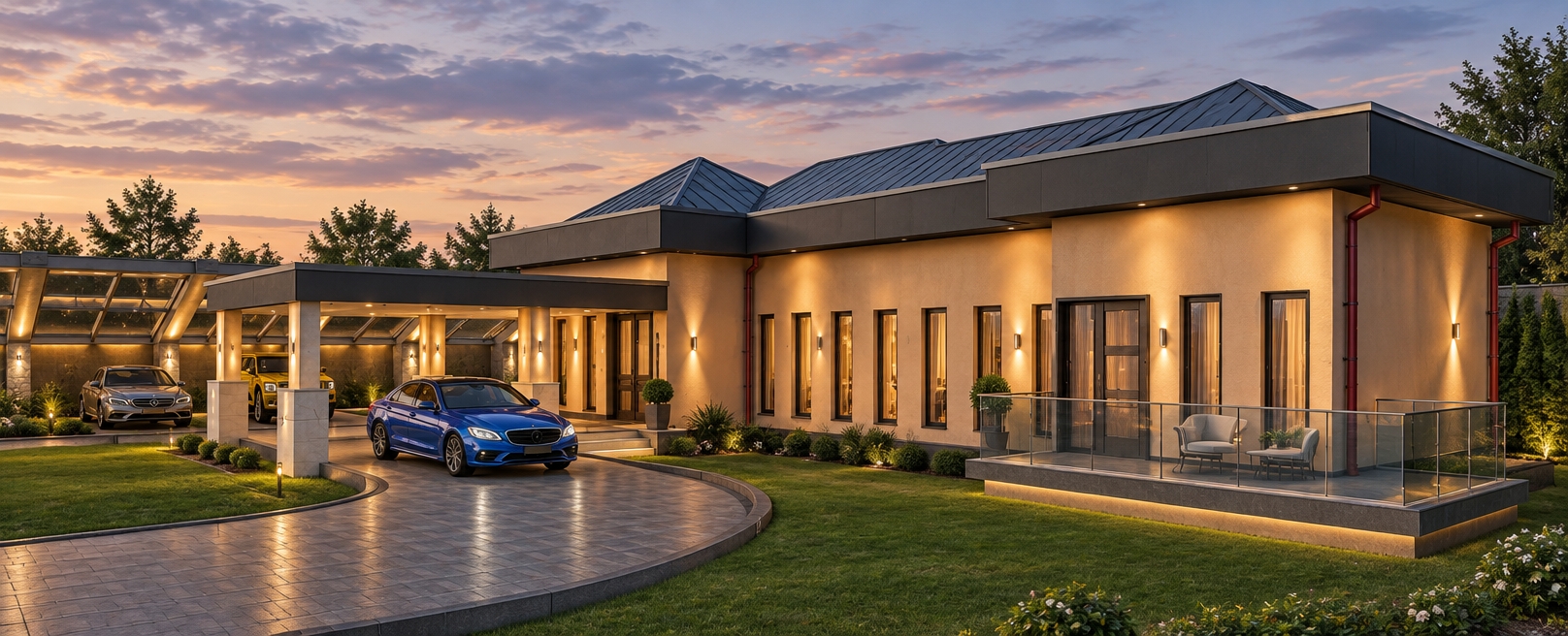 An incredibly lifelike, richly detailed, photorealistic wide-angle exterior shot of a sophisticated contemporary residence set in a lush, verdant spring landscape under a twilight sky. The scene is illuminated by a curated blend of warm, sculptural exterior lighting and the soft, inviting glow emanating from within, creating a refined and balanced atmosphere. Captured with a Phase One XF IQ4, 35mm lens, emphasizing the crisp contrast between the warm, champagne-toned stucco walls and the sleek, dark gray architectural accents.
The home’s exterior showcases a refined aesthetic, featuring clean-lined geometry and polished stone surfaces that catch the evening light. A grand, covered port-cochère extends over a curved, paved driveway, sheltering a modern blue sedan, while a sleek glass-railed terrace adds an airy, sophisticated touch to the facade. The dark, angled roofline provides a sharp contrast against the soft, cool gray tones of the dusk environment, while slim, metallic red-toned downspouts serve as purposeful architectural accents. The foreground transitions into a manicured lawn, suggesting an environment of curated elegance and understated luxury that captures the essence of a premium architectural photography book.