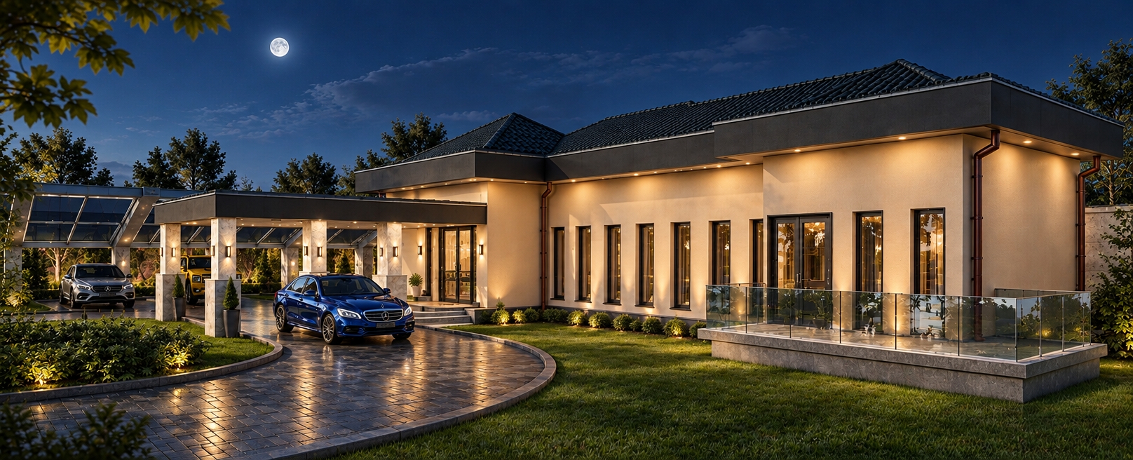An incredibly lifelike, richly detailed, photorealistic wide-angle exterior shot of a modern luxury estate set in a serene, manicured landscape under a crisp night sky. The scene is illuminated by warm, recessed architectural lighting and soft ambient moonlight, creating a sophisticated and refined atmosphere. Captured with a high-end tilt-shift lens, emphasizing the crisp contrast between the warm-white, champagne-toned stucco walls and the sleek, polished dark stone accents of the roofline and driveway.

The composition highlights a perfect balance of contemporary elegance; a deep-blue sedan rests on the charcoal-toned paver driveway, leading the eye toward the inviting, light-filled glass entrance beneath the porte-cochère. The architectural language is clean and polished, featuring slim metal downspouts in a muted finish and a seamless glass balcony railing that catches the soft night glow. The surrounding garden is bathed in subtle shadows, with lush greenery framed by the structure’s precise, geometric silhouette, evoking the high-end aesthetic of a premier interior design photography book.