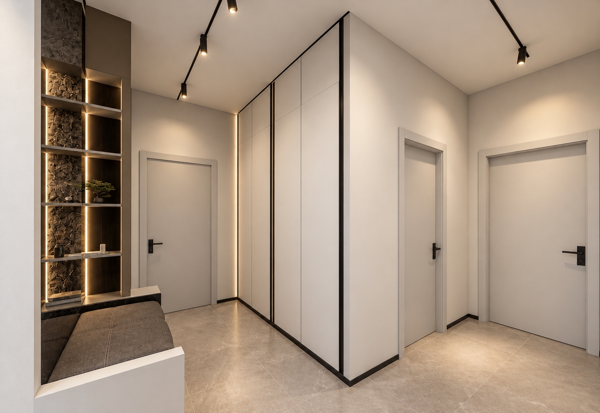 Architectural interior photograph of the modern minimalist hallway, preserving the exact geometry, layout, and perspective with authentic material physics. Natural ambient lighting is complemented by warm-neutral 3500K illumination from the black ceiling tracks and the soft, diffused vertical LED accent glow, casting soft-edged contact shadows across the floor. Subtle micro-textures appear across surfaces, featuring ultra-matte white walls and cabinetry, tactile rough-hewn stone behind the shelving, realistic woven fabric on the entry bench, and a fine satin finish on black metal hardware. Delicate ambient occlusion in the corners, natural light falloff, faint floor reflections, and subtle photographic grain complete the realistic photograph.