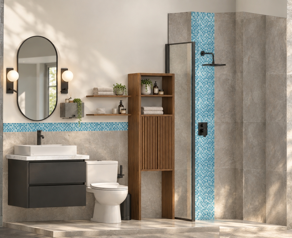 An incredibly lifelike, richly detailed, photorealistic interior shot of a serene Scandinavian-inspired bathroom set in a tranquil home sanctuary. The scene is illuminated by soft, diffused morning light streaming through unseen large windows, creating a bright, airy, and calming atmosphere. Captured with a 35mm lens, emphasizing the tactile textures of matte charcoal cabinetry, honed stone-effect wall tiles, and the brilliant shimmer of the azure mosaic glass accent strip that anchors the walk-in shower.

The composition highlights a minimalist vanity with a crisp white countertop and a sleek, rectangular vessel sink, paired with a contemporary oval mirror flanked by warm, globe-style sconces. To the right, a vertical wooden storage unit with fluted detailing adds organic warmth, standing beside a streamlined glass-enclosed shower featuring high-end matte black fixtures. Subtle pops of soft green from a nearby succulent and the interplay of light against the cool gray surfaces evoke a true sense of "hygge," balancing modern functionality with natural, organic aesthetics in this peaceful, clutter-free retreat.