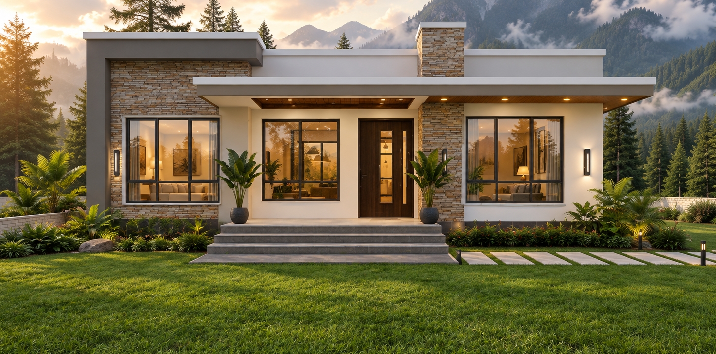 An incredibly lifelike, richly detailed, photorealistic eye-level exterior shot of a sophisticated mid-century modern residence nestled against a breathtaking backdrop of towering, mist-veiled mountains and a lush, dense coniferous forest. The scene is illuminated by the soft, golden glow of late afternoon ambient lighting, which casts gentle shadows and creates a warm, inviting atmosphere that reflects off the expansive, crystal-clear glass windows and accentuates the horizontal lines of the architecture. Captured with a 35mm lens, the image emphasizes the rich, tactile textures of the natural stacked-stone cladding and the smooth, matte-white plaster finish of the facade, while a beautifully manicured garden featuring vibrant tropical potted plants frames the tiered entrance steps. The composition is grounded by a series of sleek, stone-paver walkways leading through the pristine green lawn, while the interior glows with a subtle, cozy radiance visible through the front glazing, suggesting a seamless transition between the refined living spaces and the serene, natural environment beyond.