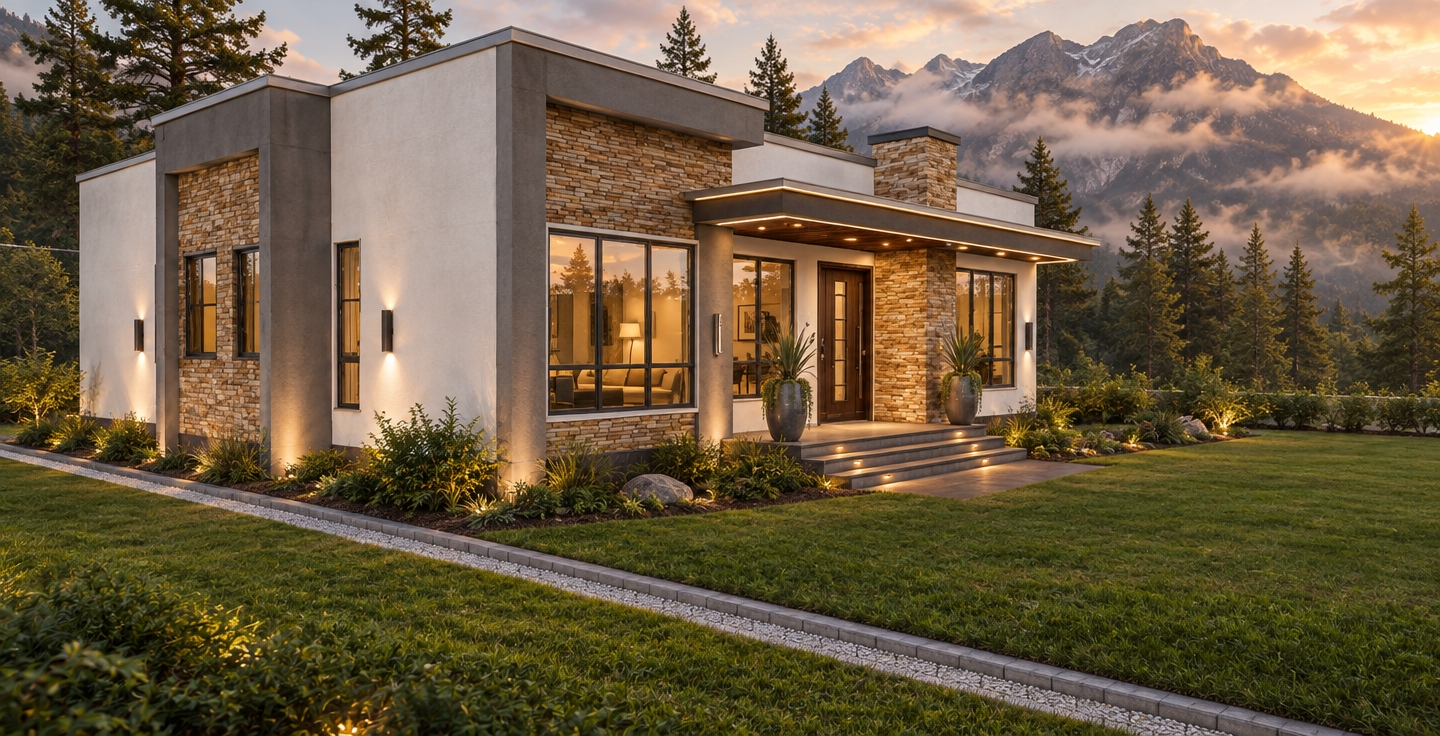 An incredibly lifelike, richly detailed, photorealistic wide-angle architectural shot of a refined mid-century modern residence nestled at the base of a verdant, mist-covered mountain range, set in a lush, sprawling forest clearing. The scene is illuminated by the soft, diffused glow of golden hour light paired with warm, inviting ambient lighting emanating from within the home and recessed LED strips tucked beneath the entry canopy, creating a sophisticated and tranquil atmosphere. Captured with a professional-grade 35mm lens, the image emphasizes the crisp contrast between the smooth, matte-white stucco walls, the rugged texture of the earth-toned stacked stone facade, and the polished dark-wood accents of the entryway. The home is framed by meticulously manicured landscaping, featuring architectural potted succulents flanking the stone steps, which are themselves accented by gentle, downward-shining step lights that cast soft shadows on the pavement. The garden extends into the surrounding woodland, where tall pines and native shrubbery blur into a soft-focus bokeh, while the large, floor-to-ceiling glass windows reflect the surrounding foliage, creating a seamless visual dialogue between the interior living space and the serene outdoor environment. The composition utilizes a low-angle perspective to emphasize the horizontal lines of the mid-century design, balanced perfectly against the majestic, looming peaks in the distance, resulting in a cohesive, high-end visualization that feels both grounded and aspirational.