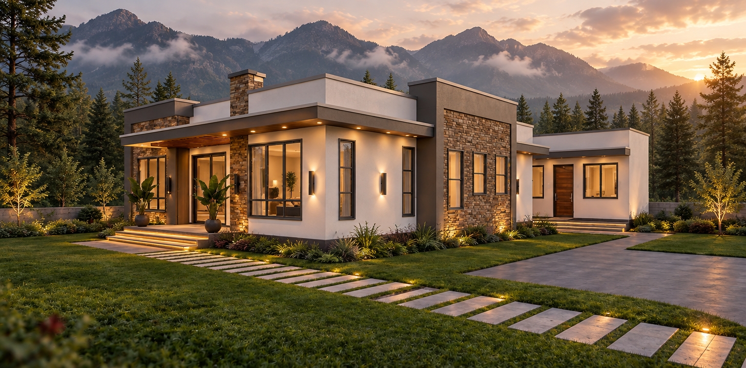 An incredibly lifelike, richly detailed, photorealistic wide-angle architectural exterior shot of a sophisticated mid-century modern residence nestled at the foot of a majestic, mist-covered mountain range, bordered by a dense, lush pine forest. The scene is illuminated by the soft, golden glow of a late afternoon sun combined with the inviting warm ambient light emanating from recessed soffit downlights and subtle, atmospheric accent lighting tucked beneath the concrete steps, creating a tranquil and luxurious evening atmosphere. Captured with a professional-grade tilt-shift lens, the image emphasizes the contrasting textures of the crisp, off-white smooth stucco walls, the rugged warmth of natural stacked-stone masonry, and the sharp, clean lines of the flat roof planes. Large, floor-to-ceiling glass panels offer a hint of a warm, inviting interior, while the meticulously landscaped garden features manicured green lawns, vibrant ornamental grasses, and modern potted tropical foliage flanking the entryway. A stone-paver walkway leads the eye toward the home, and the depth of field is masterfully managed, keeping the sharp architectural silhouette in focus while softly blurring the distant mountain peaks, resulting in an evocative visualization that highlights the perfect harmony between modern residential design and its wild, natural environment.