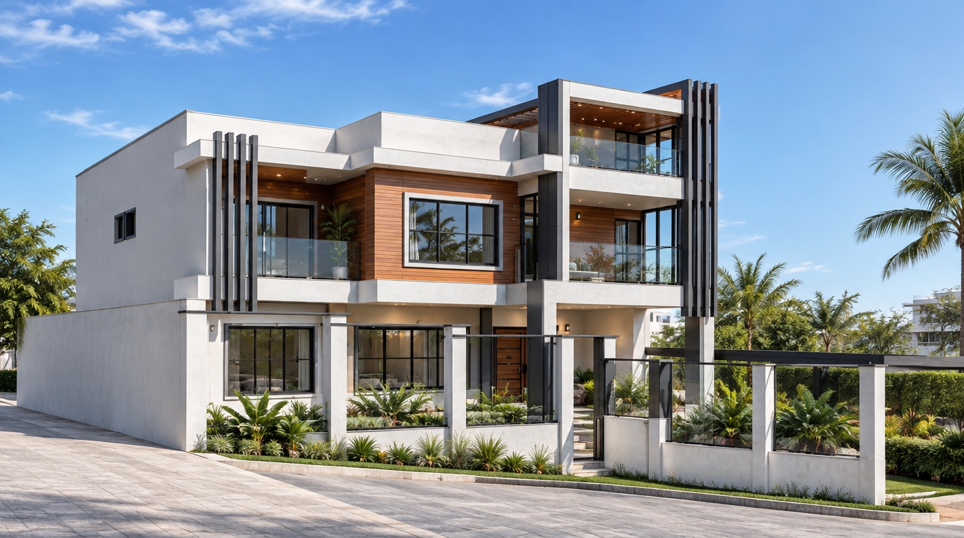 An incredibly lifelike, richly detailed, photorealistic wide-angle architectural exterior shot of a modern fusion villa set in an upscale, sun-drenched urban neighborhood. The scene is illuminated by the crisp, high-contrast light of a summer midday, creating a vibrant and energetic atmosphere. Captured with a Phase One XF camera and 35mm lens, emphasizing the interplay of smooth matte white stucco, charcoal-black steel accents, and warm, horizontally slatted cedar wood cladding.

The design is a bold exercise in contemporary geometric modularity, featuring cantilevered terraces with frameless glass railings that reflect the bright blue sky. A sophisticated interplay of shadow is cast by vertical aluminum fins, which provide a rhythmic, industrial-inspired texture against the building's clean, minimalist surfaces. The ground floor opens seamlessly onto a meticulously landscaped garden, where lush tropical greenery and minimalist planters provide a sharp, organic contrast to the home’s sharp linear edges. The composition is balanced and dynamic, with the sharp perspectives drawing the eye across the deep, multi-layered façade to the entrance, where sleek, reflective black-framed windows hint at a luxurious, open-concept interior. Everything about the image, from the crispness of the architectural shadows to the subtle sheen on the metallic elements, speaks to a premium, design-forward residence.