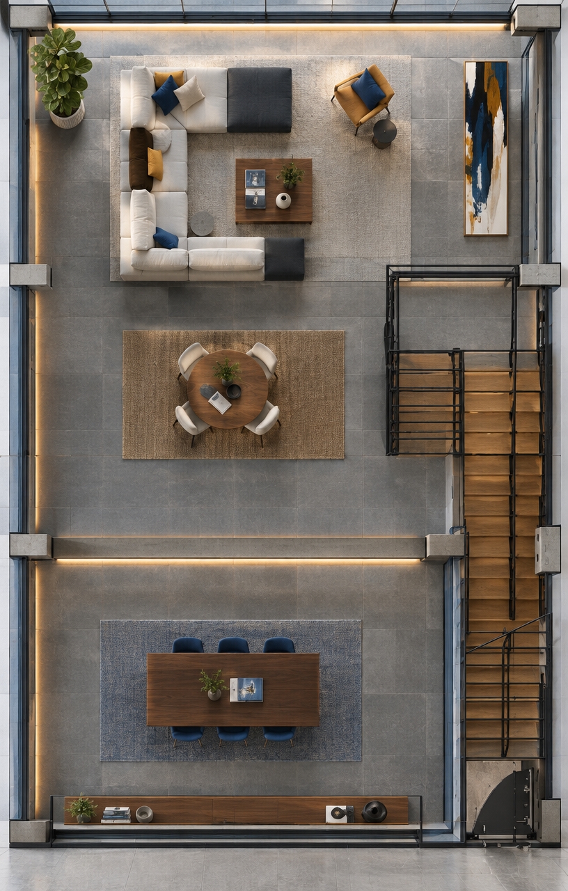An incredibly lifelike, richly detailed, photorealistic wide-angle interior photograph of an expansive modern fusion living room and multi-purpose lounge set in a sleek urban loft residence. The scene is illuminated by brilliant natural daylight pouring through a grand 4.5-meter black steel-framed sliding glass facade, complemented by warm ambient LED strip lights recessed along exposed structural ceiling beams, creating an airy, sophisticated, and dynamic atmosphere. Captured with a full-frame mirrorless camera paired with a 24mm tilt-shift architectural lens, emphasizing the crisp reflections across high-traffic slate-gray ceramic floor tiles, smooth white gallery walls, and raw structural concrete pillars. Rising along the right wall, a striking industrial-inspired staircase features matte black metallic railings and warm natural oak treads leading upward from the minimalist entry door. The generous open-concept layout is thoughtfully anchored by a low-profile geometric modular sofa dressed in contrasting shades of off-white and deep charcoal, paired with vibrant cobalt and ochre accent pillows, while a commanding piece of large-scale abstract canvas art adorns the far wall. A sleek walnut and brushed-steel coffee table proudly displays thick art and photography books alongside minimal ceramic decor, all balanced by a sculptural fiddle-leaf fig tree in a fluted matte planter that infuses vibrant, lush greenery into this clean, urban architectural sanctuary.