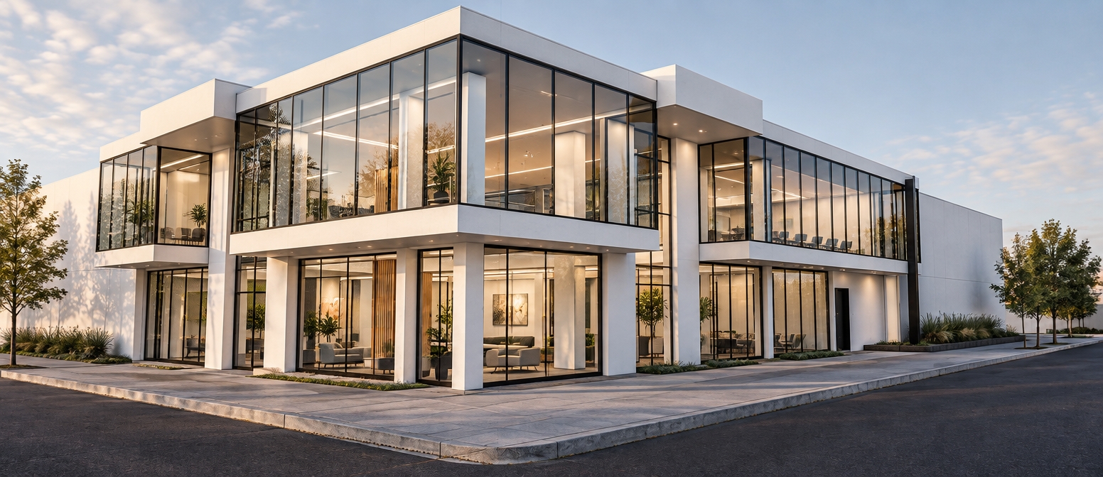 An architectural photograph capturing the modern corner building with the exact geometry, perspective, and framing shown, rendered with realistic physical materials and lighting. The facade features transparent tempered glass held in glossy black aluminum framing, showcasing realistic exterior reflections alongside clear visibility into the double-height interior spaces with their white walls and ceilings. Smooth, bright white architectural cladding defines the structural beams and cantilevers. A warm interior illumination spills through the glass, balanced by soft, natural ambient daylight across the dark asphalt street and concrete sidewalk curbs, captured sharply through a tilt-shift architectural lens with neutral, photorealistic exposure.