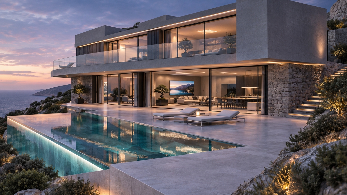 An incredibly lifelike, richly detailed, photorealistic wide-angle architectural shot of a futuristic "Digital Zen" luxury cliffside villa set in a tranquil, rugged coastal landscape overlooking the sea. The scene is illuminated by the soft, diffused ambient light of twilight blended with sophisticated, recessed LED strip lighting and subtle neon accents along architectural reveals, creating an ultra-modern, serene, and contemplative atmosphere. Captured with a medium-format architectural camera using a 24mm tilt-shift lens, emphasizing the razor-sharp geometric lines, smooth cool-toned finishes, crystalline water reflections, and the tactile contrast of natural stone.
The architectural composition transforms the multi-level layout of stacked cubic volumes into an uncluttered, high-tech sanctuary. The upper level features crisp, streamlined cantilevered blocks finished in smooth, cool-gray architectural micro-cement, framed by ultra-clear, frameless tempered glass balustrades that seamlessly merge the structure with the open sky. In contrast, the lower level retains robust, dry-stacked stone retaining walls reinterpreted in cool granite and pale limestone tones, grounding the futuristic geometry into the surrounding hillside.
At the heart of the outdoor living area, an infinity-edge pool with pristine turquoise-tinted dark water mirrors the horizon and the delicate glow of hidden linear neon illumination tucked beneath its coping. The expansive terrace is paved in oversized, seamless pale gray porcelain pavers, completely decluttered to emphasize spatial purity. Sleek, low-profile lounge chairs crafted from brushed titanium and weather-resistant cool-white mesh are placed with calculated, Zen-inspired symmetry alongside the water's edge.
Vast floor-to-ceiling sliding glass walls framed in matte black anodized aluminum blur the boundary between exterior and interior. Looking inside the illuminated interior spaces, one catches glimpses of an impeccably curated, high-tech interior: glowing digital landscape canvas screens mounted on minimalist concrete walls, sculptural bonsai and indoor architectural foliage set in polished slate planters, and streamlined glass-and-steel furniture keeping surfaces entirely clutter-free.
To the side, floating exterior steps with concealed under-tread lighting descend gracefully into the natural topography, harmonizing the sharp, high-tech residential pavilion with the wild coastal scrub and distant ocean horizons.