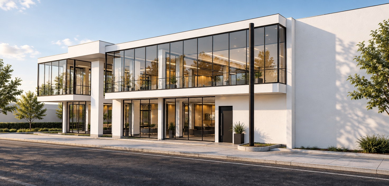 Architectural photograph capturing the exact modern commercial building structure, featuring transparent tempered glass curtain walls held by glossy black aluminum frames. Smooth, matte white finishes coat the exterior walls, structural columns, and ceilings. Warm interior lighting illuminates the double-height entrance and interior spaces, casting realistic ambient glows and sharp daylight reflections across the expansive glazing. The foreground asphalt street and concrete sidewalk show authentic surface textures under balanced natural daylight, captured with crisp architectural lens perspective, true physical material properties, and natural tonal depth.