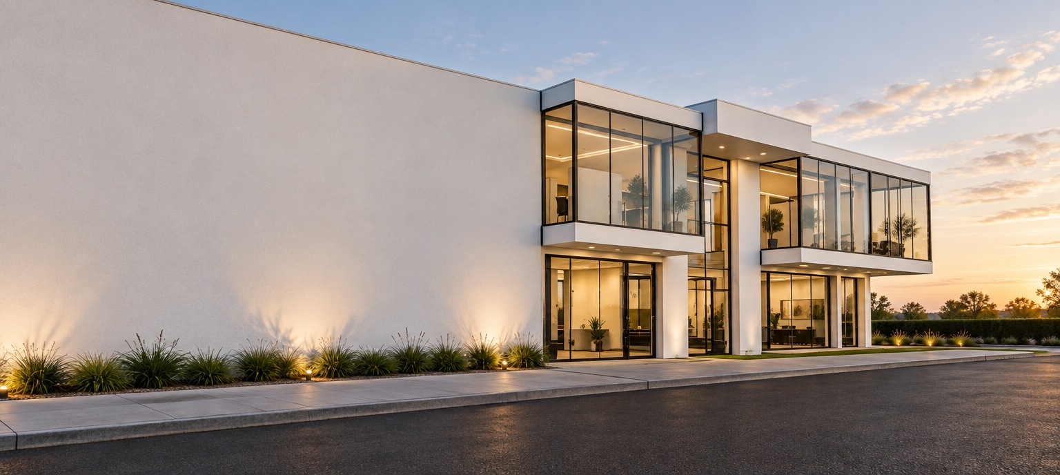 Architectural photograph preserving the exact perspective, geometry, and composition of the modern agricultural store building. The exterior features smooth matte white plaster walls and ceilings, seamlessly framing double-height entryways enclosed in large tempered glass curtain walls with glossy black metal frames. Warm golden interior illumination radiates softly from within, balancing natural daylight reflections across the glass panels. Concrete sidewalk curbs and asphalt in the foreground display authentic micro-textures under soft, clean architectural lighting captured with a sharp wide-angle lens.