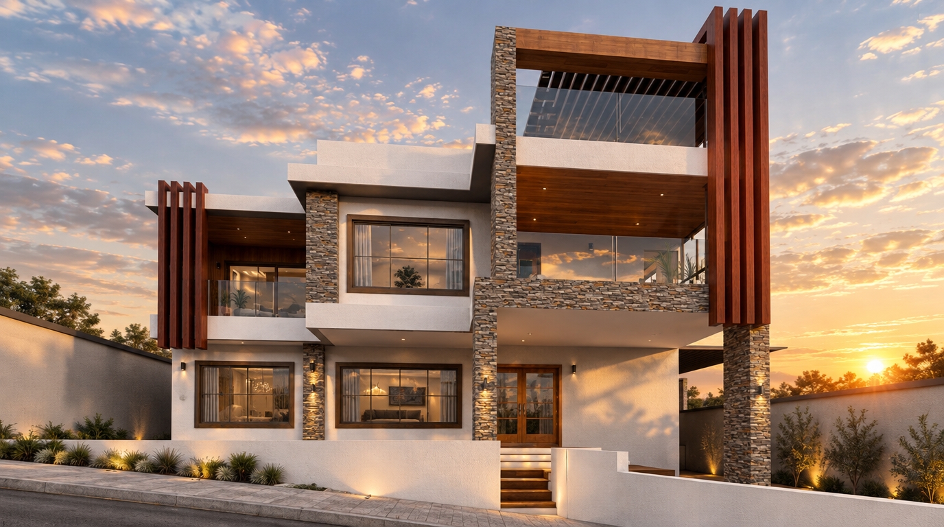 An incredibly lifelike, richly detailed, photorealistic wide-angle shot of a contemporary two-story residence set in an upscale, quiet neighborhood at the golden hour of a midsummer sunset. The scene is illuminated by the soft, honeyed glow of the low sun, creating a refined and sophisticated atmosphere with long, gentle shadows that emphasize the building's clean-lined geometry. Captured with a professional-grade 24mm lens, the image highlights the exquisite contrast between the rough, tactile textures of the natural stacked-stone pillars and the smooth, crisp matte-white stucco finishes.

The architectural design exudes a balanced, airy elegance, featuring deep, warm-toned wood-paneled ceilings on the cantilevered terraces and vertical timber slats that provide both privacy and sculptural detail. Framed by polished, slim-profile bronze window frames, the interior spaces hint at a curated aesthetic, where soft gray and pearl-toned accents evoke a sense of understated luxury. The composition is grounded by a pristine white perimeter wall, while the soft, warm light catches the tempered glass railings of the upper balconies, lending a polished transparency to the structure. This is a study in contemporary harmony, where the warmth of the sunset enhances the home's refined proportions, creating a truly inviting and tranquil architectural portrait.