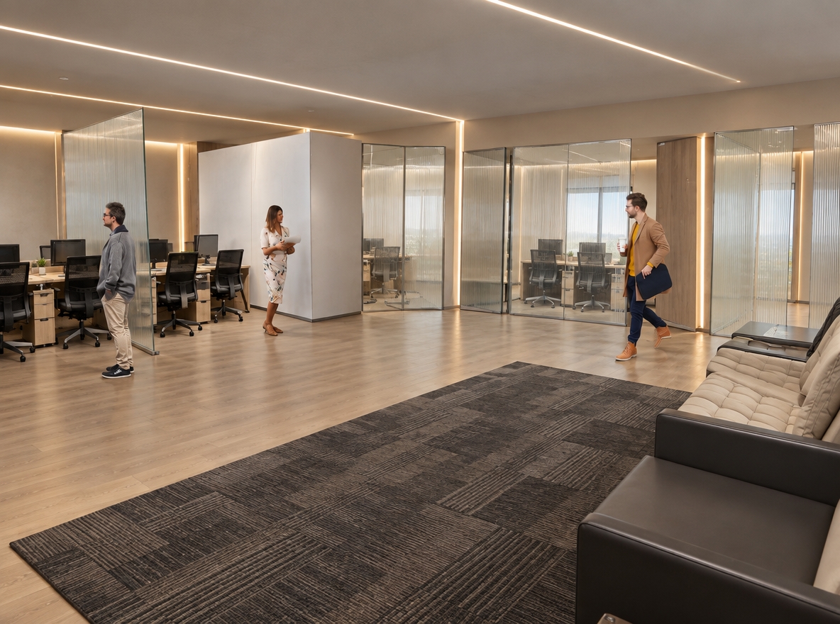 An incredibly lifelike, richly detailed, photorealistic interior shot of a sophisticated modern coworking office set in a professional corporate environment. The scene is illuminated by soft, midday natural light diffusing through the space, complemented by recessed LED strip lighting integrated into the light-grey gypsum ceiling, creating an inviting, productive, and airy atmosphere. Captured with a wide-angle lens, emphasizing the seamless integration of textures: the warmth of the light-wood desks and matching vinyl flooring contrasts beautifully with the refined greige walls. The composition highlights a shared workspace layout where four desks per sector are separated by elegant, vertical translucent glass partitions that maintain privacy while preserving a sense of openness. Subtle, indirect LED accents trace the vertical wooden elements, casting a soft glow that enhances the depth of the room. A plush, dark-toned area rug anchors the lounge zone, while the precise positioning of the glass dividers creates a rhythm of reflections and transparency that draws the eye across the depth of the office, showcasing a perfect fusion of modern design and functional workspace ergonomics.