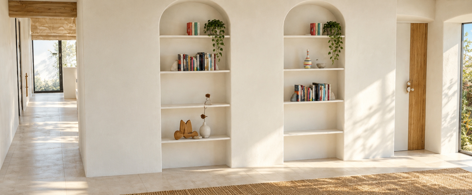 A bright, photorealistic interior architectural photograph captured with a 35mm lens, showcasing the exact layout, geometry, and composition of the arched recessed shelving and adjacent doorway under the intense, warm daylight of a summer midday. High-angle natural sunlight streams in, casting subtle soft shadows within the white plaster niches and illuminating the realistic paper textures of the arranged books and decor. The surfaces feature authentic micro-textures, including matte white plaster on the walls, fine natural grain on the light wood door and ceiling beam, and soft diffuse reflections across the pale floor, balanced by gentle ambient light bounce, realistic contact shadows, and faint photographic film grain.