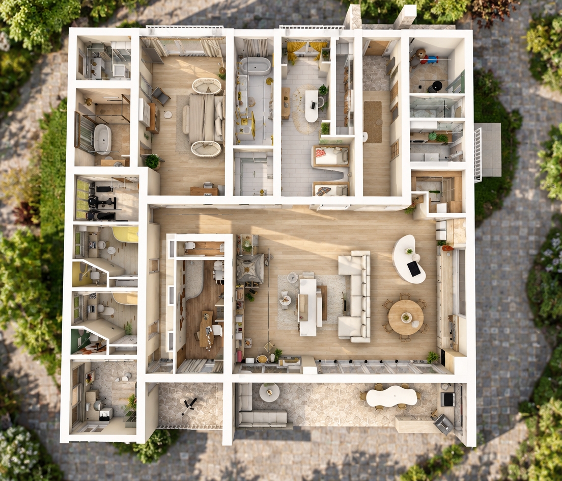 A photorealistic high-angle architectural scale-model photograph preserving the exact cutaway floor plan, wall geometry, and interior layout. The scene is illuminated by crisp, bright midday summer sunlight, casting clean ambient shadows and natural contact occlusions across all rooms. Surfaces exhibit authentic material physics, featuring tactile matte plaster walls, fine wood grain on flooring and furniture, subtle textile weaves on upholstery, and gentle ceramic sheen in the bathrooms. Shot on a tilt-shift lens with a balanced 5600K daylight exposure, high clarity, and natural photographic depth.