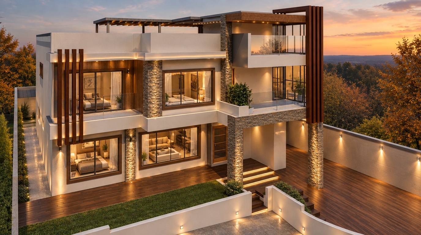 An incredibly lifelike, richly detailed, photorealistic elevated architectural shot of a contemporary three-story luxury residence set in a tranquil, crisp autumn evening. The scene is illuminated by warm, sculptural LED wall-washers and recessed soffit lighting that casts a soft, inviting glow across the facade, creating a sophisticated and balanced atmosphere. Captured with a Phase One XF IQ4 medium format camera and 35mm lens, emphasizing the sharp contrast between the polished, cool-toned stone cladding and the rich, organic texture of the warm-toned wood-slat accents.

The residence exudes refined contemporary elegance, featuring clean lines and a harmonious palette of pearl, champagne, and soft gray. The exterior is punctuated by floor-to-ceiling glazing with slim, dark metal framing that reflects the subtle evening light, hinting at the airy, curated interior spaces beyond. A lush, manicured lawn in the foreground and a deep-toned hardwood deck bridge the transition between the home and its surroundings, while the architectural composition is anchored by vertical wooden screen elements that add a layer of depth and visual rhythm. The crisp autumn air and the precise, polished finishes of the building materials evoke the quality of a premium photography book, capturing a moment of quiet, modern luxury.