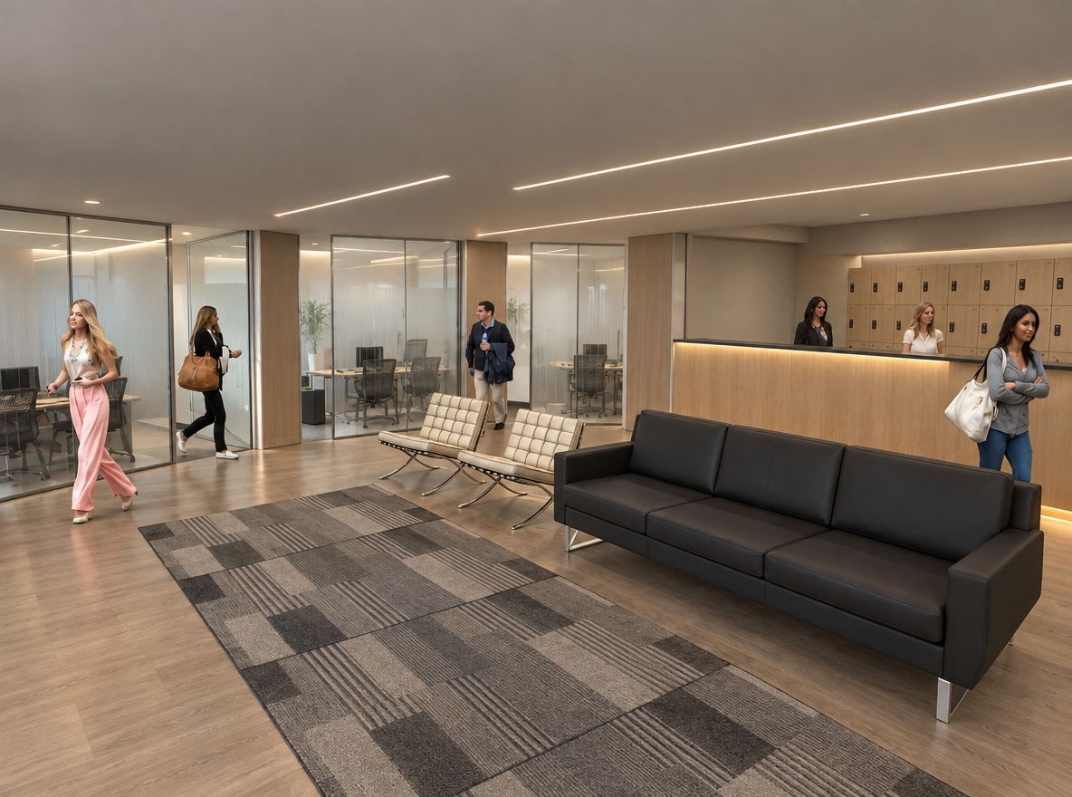 An incredibly lifelike, richly detailed, photorealistic interior perspective of a modern executive coworking space set in a professional administrative building. The scene is illuminated by sleek, recessed LED strip lighting integrated into the light gray gypsum ceiling, creating a sophisticated and productive atmosphere. Captured with a 24mm wide-angle lens, emphasizing the clean lines of the vertical translucent glass partitions that define each workstation area.

The office features a refined fusion of materials: warm, light-toned wood desks paired with elegant Barcelona-style seating, all resting on a durable, high-end wood-grain vinyl floor. The walls are finished in a calming, contemporary greige, serving as a neutral backdrop for the functional layout. The composition highlights a seamless transition between the open-plan workspaces and a dedicated service area featuring modular storage lockers for public interaction. Soft, indirect LED accents glow from beneath wood-paneled elements, casting a warm, inviting light that enhances the depth of the space. Every element—from the crisp reflections on the glass dividers to the textured grain of the wooden furniture—is rendered with sharp clarity, capturing the essence of a high-end, collaborative corporate environment.
