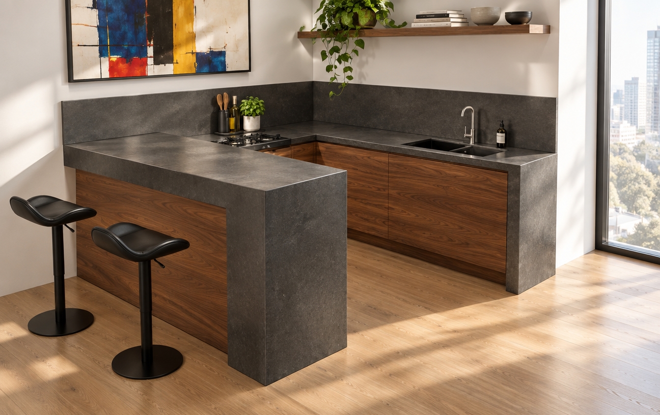 An incredibly lifelike, richly detailed, photorealistic interior shot of a modern fusion kitchen set in an urban, sun-drenched loft. The scene is illuminated by soft, diffused midday light streaming through floor-to-ceiling windows, creating a clean, airy, and inviting atmosphere. Captured with a 35mm lens, emphasizing the crisp contrast between the matte charcoal concrete waterfall island and the warm, polished walnut cabinetry details.

The kitchen features a sleek, geometric U-shaped layout with smooth, seamless surfaces and bold industrial-inspired accents. A set of minimalist black leather bar stools with slim metallic stems provides a sophisticated edge to the breakfast bar, while a brushed-nickel faucet glints against the recessed sink. The backdrop includes a pristine white wall adorned with a piece of large-scale abstract art that pulls in vibrant primary colors to break the monochromatic palette. Lush, verdant greenery cascades from a nearby shelf, bringing an organic touch to the minimalist design. Every surface shows fine-tuned material finishes, from the cool tactile feel of the stone countertop to the soft, warm tones of the light oak flooring, resulting in a composition that feels both functional and gallery-curated.