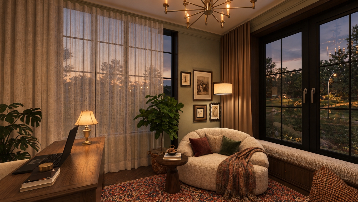 A photorealistic interior photograph of this exact cozy study, capturing the scene in soft, warm diffused ambient lighting with gentle illumination from the brass chandelier, desk lamp, and floor lamp. The round armchair has a warmer textured fabric tone with a naturally draped warm blanket, resting on the rich Persian rug next to the wooden desk and dark window frame. Shot on a wide-angle lens with subtle depth of field, natural micro-shadows, delicate grain, authentic fabric wrinkles, and gentle window reflections against the evening exterior.