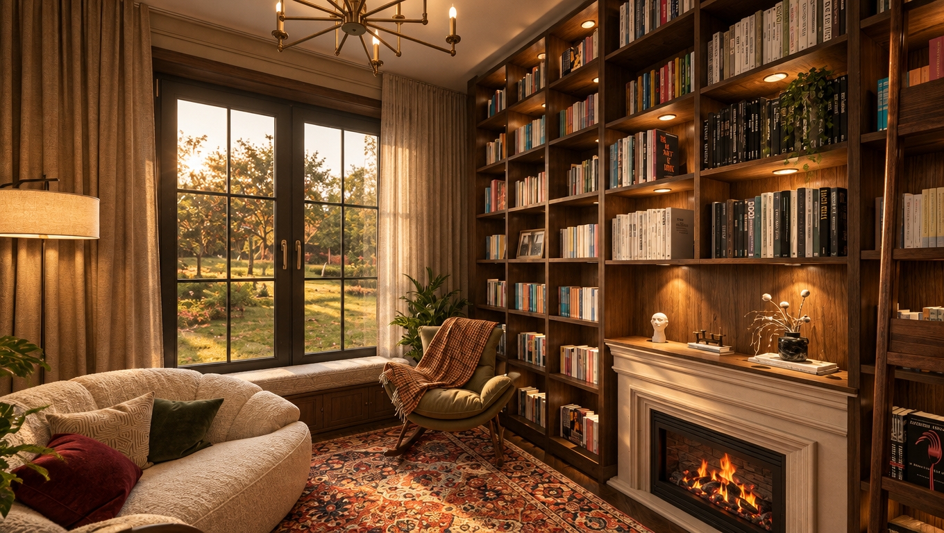 A warm, cozy photograph of this castle-style home library bathed in soft, diffused late afternoon sunlight filtering through the window, mixed with gentle 2700K ambient illumination from the fireplace and integrated shelf lights. The scene features deep, tactile wood grains on the floor-to-ceiling shelving, rich woven texture on the ornate Persian rug, and plush upholstery on the curved sofa and rocking chair. Captured with a 28mm architectural lens at f/5.6, the shot exhibits realistic surface imperfections, natural fabric creasing, subtle dust motes in the warm light rays, organic shadow falloff, and delicate filmic grain.