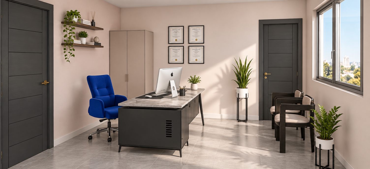 A bright, elegant daytime photograph of a modern aesthetic clinic office, perfectly maintaining the original geometry, composition, and wide-angle perspective. Natural, soft daylight enters through the right-side window, casting delicate shadows across realistic 60x60 light grey ceramic floor tiles with fine grout seams. The walls display a soft, very faint blush matte texture beneath a clean white ceiling. The executive desk shows an authentic stone-textured top paired with matte dark cabinetry, fronted by an all-in-one computer and a rich cobalt-blue ergonomic office chair. Four framed certificates on the wall catch subtle glass glare beside a tall, nude-toned cabinet. Floating shelves with books, dark grey paneled doors, vibrant green potted plants on slender black metal stands, and comfortable visitor chairs are rendered with crisp physical textures, gentle ambient occlusion, and natural lens clarity.