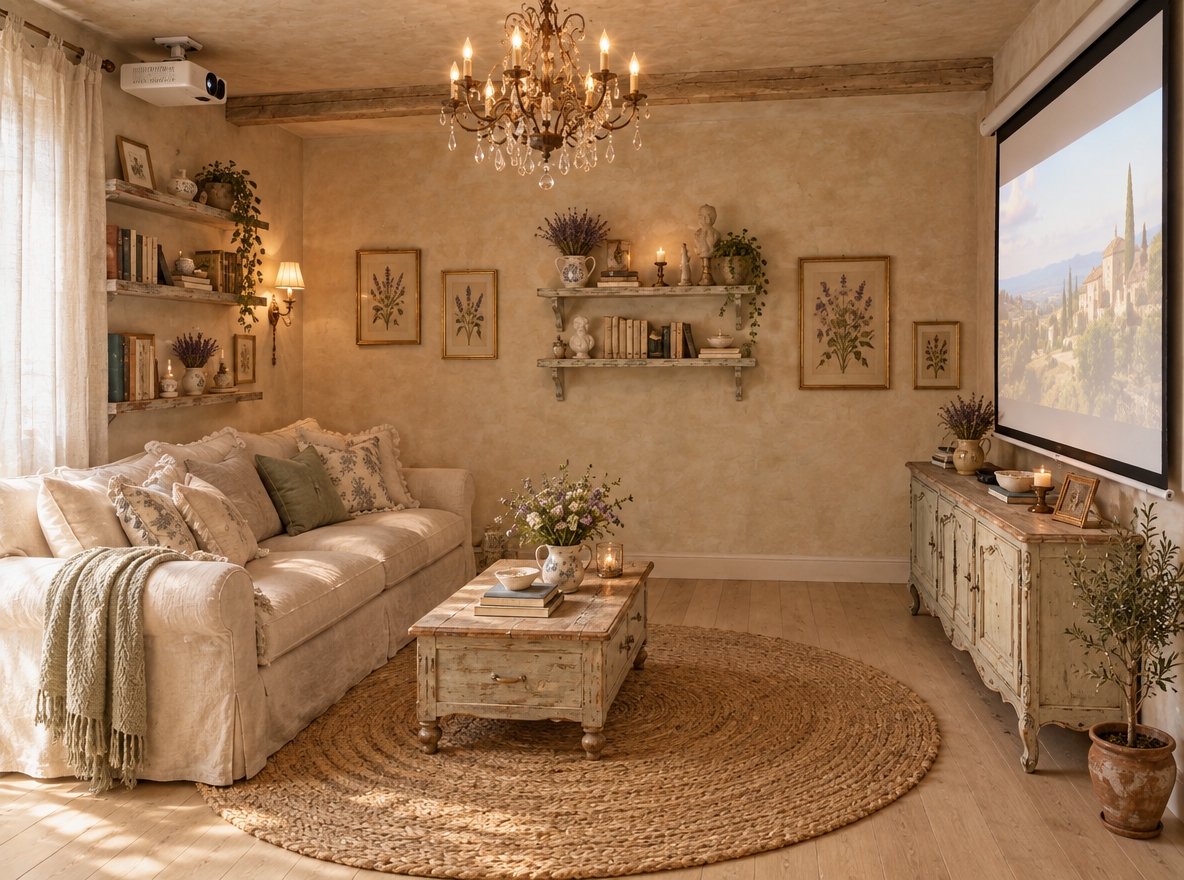 An incredibly lifelike, richly detailed, photorealistic wide-angle interior photograph of a charming girl’s media and lounge room reimagined in an authentic French Country Provence aesthetic, set in a peaceful countryside house. The scene is illuminated by soft afternoon daylight filtering through airy off-white linen curtains, harmoniously paired with the warm, golden glow of a vintage wrought-iron and crystal chandelier, creating an intimately cozy and romantic atmosphere. Captured with a full-frame camera and a 35mm f/2.8 lens, emphasizing the tactile plaster textures, woven natural fibers, and antiqued painted wood. 

Replacing the raw masonry, the walls are finished in a creamy, hand-applied lime wash adorned with pastel botanical prints and distressed painted wood floating shelves holding dried lavender bouquets, books, and ceramic knick-knacks. The rough timber floorboards are now restored to wide-plank, light bleached-oak flooring anchored by a thick, textured round jute rug. Placed comfortably against the side wall is an inviting, deep-seated slipcovered linen sofa layered with floral toile and ruffled cushions; mounted subtly on the ceiling directly above it rests a sleek, compact modern projector. Directly opposite, an elegant motorized projector screen rolls down over an antique French sideboard, providing the perfect blend of rustic Provencal warmth and contemporary entertainment.