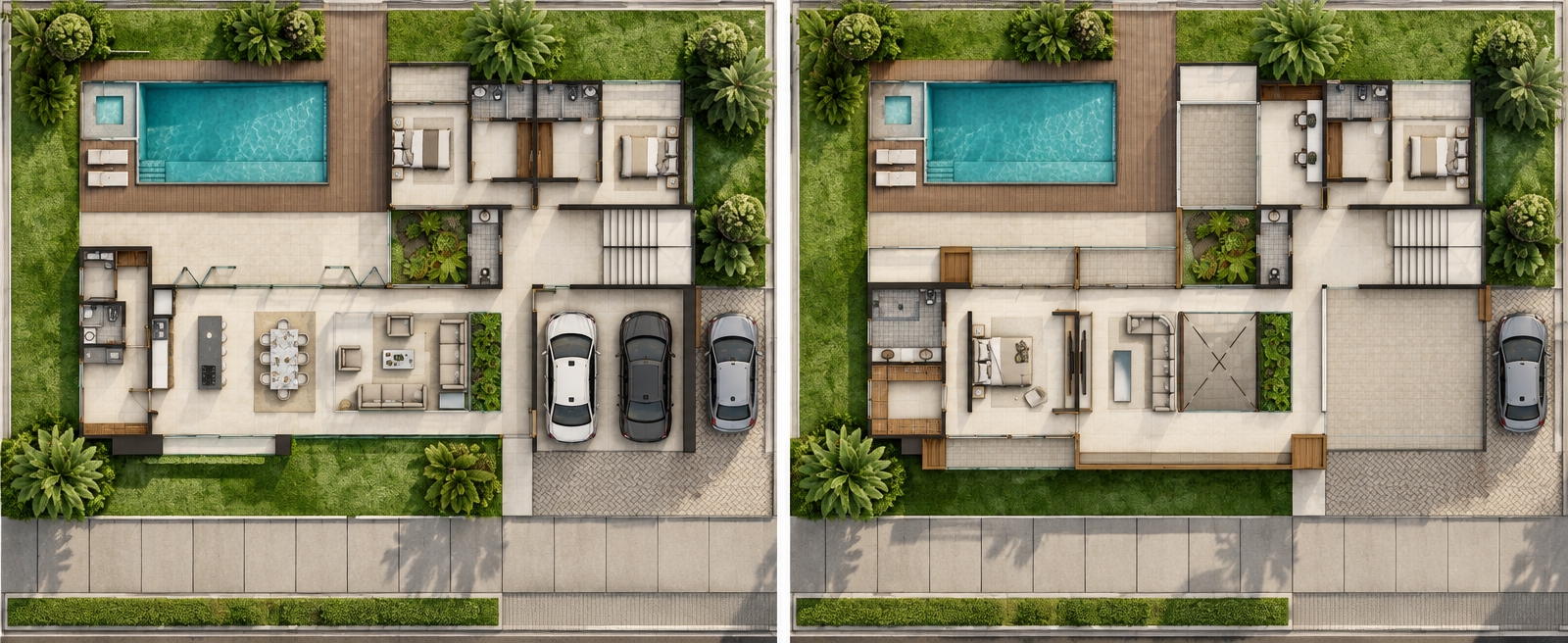 A high-end architectural top-down photograph capturing the exact two-level floor plan layout with photorealistic textures and bright natural daylight. The interior living areas feature seamless matte light beige porcelain tile, contrasted with wood-toned gray porcelain in the bathrooms, and cabinetry and doors finished in warm light natural oak and matte white. Exterior terraces and balconies are surfaced in textured dark beige tile, while the swimming pool is framed by a rich, dark wood deck bordering crisp turquoise water. Lush green lawns and vibrant tropical vegetation cast soft, subtle sunlit shadows across the landscape, complementing the glossy finishes of the parked vehicles and providing authentic depth to the precise overhead composition.