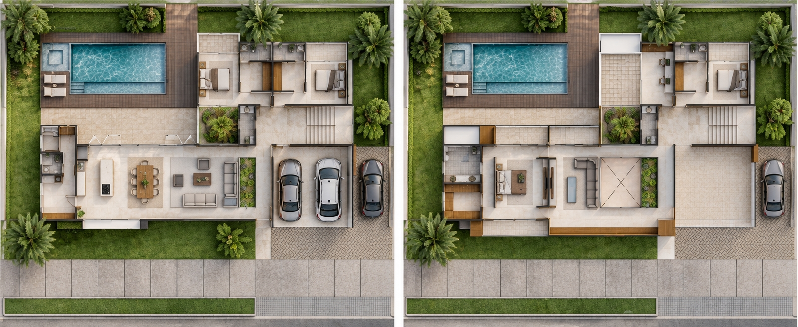 Top-down architectural photograph of the complete floor plan layout illuminated by crisp, natural daylight with soft ambient shadows revealing structural depth. Interior spaces feature smooth matte light beige porcelain tile floors, light natural oak cabinetry and closets, and matte white doors, while bathrooms are finished in gray wood-look porcelain tile. Balconies and exterior patios display textured dark beige paving, adjacent to a pool surrounded by rich dark wood decking with realistic water reflections. The landscaped outdoor zones showcase vibrant, photorealistic grass and lush palm vegetation, capturing authentic surface textures and sharp, true-to-scale architectural details.