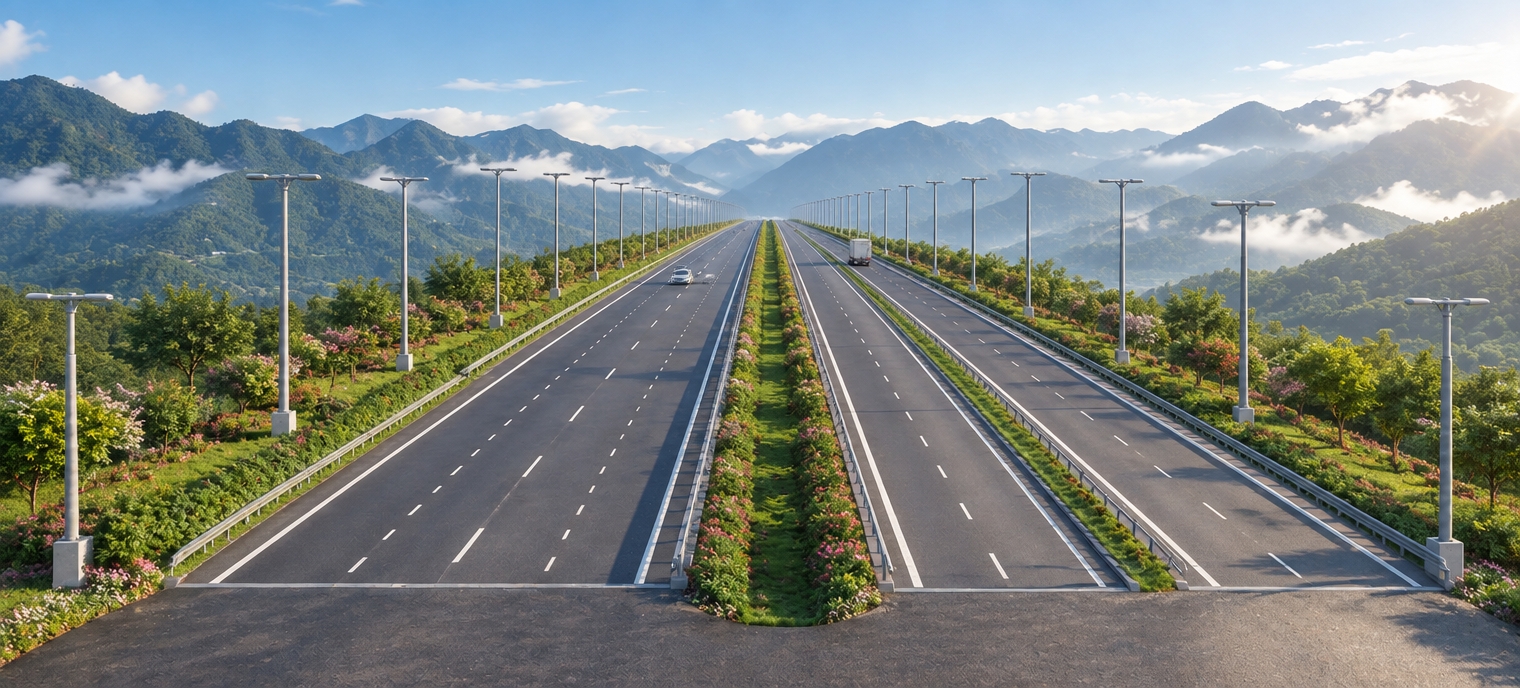 An incredibly lifelike, richly detailed, photorealistic eye-level wide shot of a modern Asian highway set in a scenic mountain escape bordered by manicured urban garden landscaping. The scene is illuminated by bright, clear morning sunlight casting soft shadows and cutting through faint alpine mist, creating an expansive, tranquil, and orderly atmosphere. Captured with a professional full-frame camera and a 35mm prime lens, emphasizing the immaculate texture of the flat asphalt roadway, crisp white lane markings, sleek lampposts aligned flush with the road verge, and vibrant roadside foliage and flowering shrubs framed against towering, lush mountain ridges in the distance.