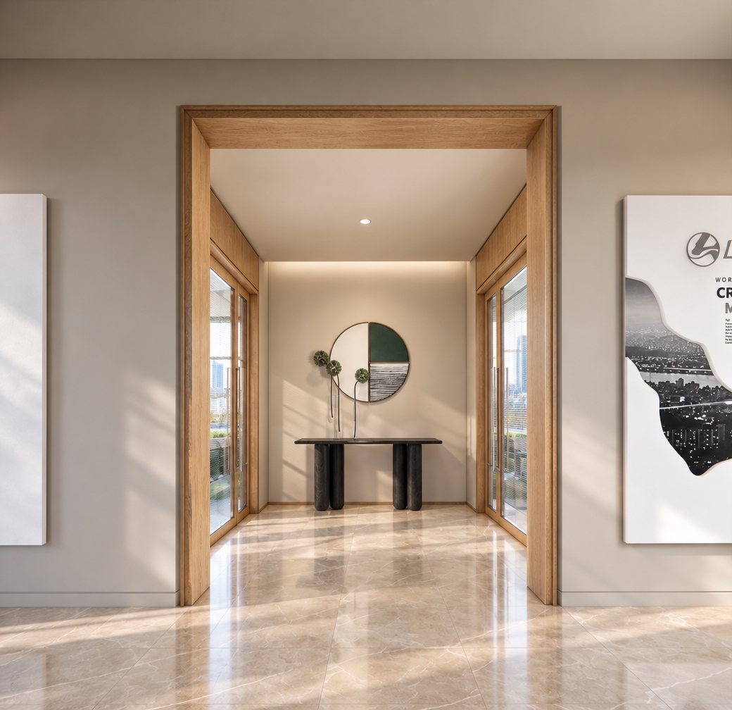 An incredibly lifelike, richly detailed, photorealistic wide-angle shot of a minimalist gallery foyer set in a high-end corporate exhibition space. The scene is illuminated by soft, diffused midday light streaming from the flanking glass-paneled corridors, creating a tranquil, sophisticated atmosphere. Captured with a 35mm lens to emphasize the clean, architectural symmetry and the tactile interplay of smooth, polished surfaces.

The composition centers on a monolithic timber-framed portal that draws the eye toward a refined console vignette, where a sculptural black table sits beneath a modern, circular mixed-media wall ornament. The flooring is composed of large-format, honed beige marble tiles with subtle, organic veining that catches a gentle, diffused glow. To either side, vertical branding panels are mounted flush against the soft greige walls, casting faint, realistic shadows that add depth to the space. Reflections in the glass of the office partitions suggest a bustling, sunlit exterior, while the precision of the joinery and the deliberate, balanced placement of decorative elements evoke a sense of contemporary elegance and professional serenity.