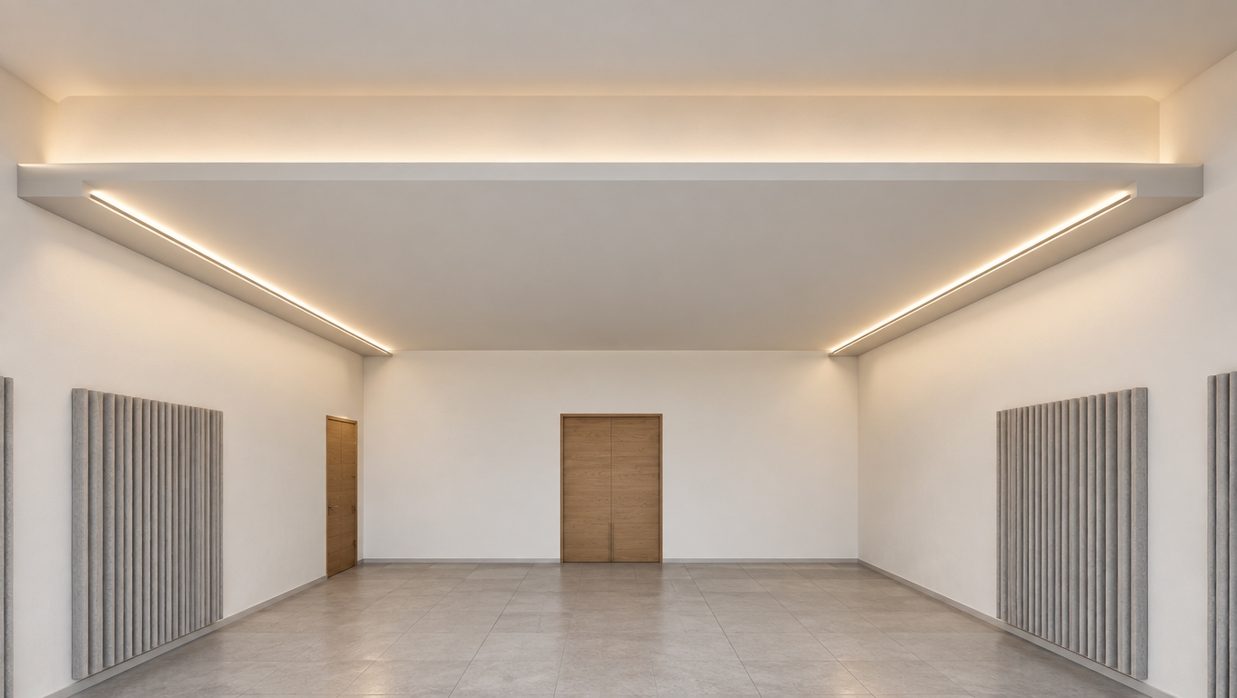A sharp eye-level architectural photograph of the empty modern interior captured with a professional wide-angle tilt-shift DSLR lens. The suspended ceiling tray emits clean, warm-white indirect cove lighting, casting soft gradient illumination across smooth matte-painted white drywall surfaces. Vertical fluted ash-colored acoustic panels flank the walls, showing delicate shadow relief and micro-texture. The light grey ceramic tiled floor features crisp grout lines and realistic soft-sheen ambient reflections. Natural oak textures on the rear doors display genuine wood grain and subtle satin finishes, complemented by natural corner ambient occlusion, balanced global illumination, and subtle camera sensor depth.