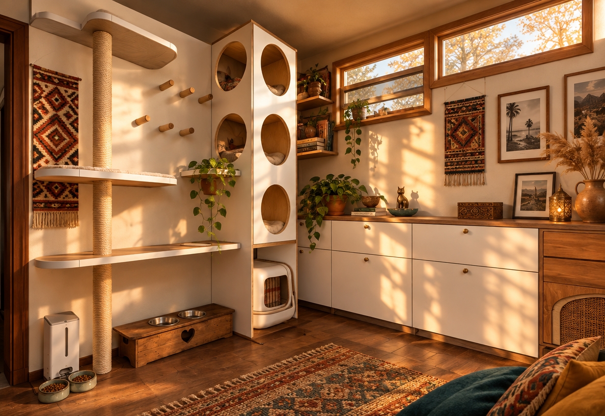 An incredibly lifelike, richly detailed, photorealistic interior shot of a bohemian-inspired pet sanctuary set in a sun-drenched, cozy living room. The scene is illuminated by the soft, golden glow of a late autumn sunset, creating a warm, nostalgic, and tranquil atmosphere. Captured with a 35mm lens, emphasizing the tactile textures of sisal scratching posts, smooth matte-white cabinetry, and the contrast between the modern cat tower and the eclectic, globally-inspired surroundings.

The room is a masterful blend of functionality and bohemian charm. The custom-built cat climbing tower, crafted from high-quality birch wood with a crisp white finish, integrates seamlessly into a space layered with rich, earthy neutrals. To the side, a low-profile feeding station sits on a reclaimed wood stand, accented by heart-shaped cutouts. The walls are adorned with intricate woven tapestries and shelves displaying curated vintage decor and art photography books, reflecting a free-spirited aesthetic. Deep teal and mustard-toned pillows spill over onto layered, hand-woven area rugs, while soft pampas grass stalks and trailing pothos plants add organic life to the corners. The warm, low-angled light filters through the space, casting long, dramatic shadows that highlight the craftsmanship of the macramé and rattan accents, resulting in a serene and highly personalized oasis for both feline and human inhabitants.