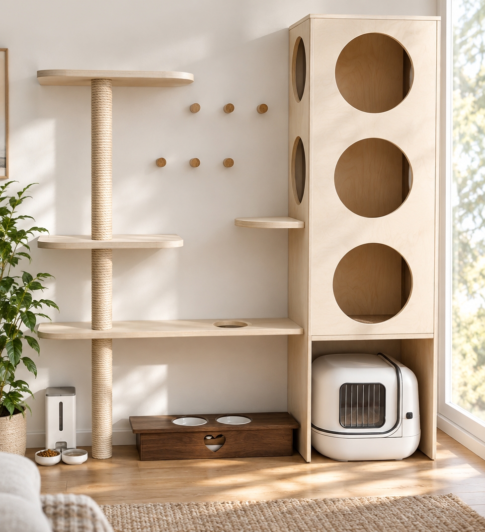 An incredibly lifelike, richly detailed, photorealistic interior shot of a sophisticated pet-centric sanctuary set in a sun-drenched Scandinavian living room. The scene is illuminated by soft, diffused morning light streaming through large windows, creating a serene, airy, and hygge-inspired atmosphere. Captured with a 35mm lens, emphasizing the crisp contrast between the matte white birch plywood of the vertical cat tower and the tactile, natural sisal-wrapped scratching post.

The structure is a masterclass in minimalist design, seamlessly integrating a feline activity center into an elegant residential space. To the right, a tall, multi-level tower features circular cut-outs that mimic architectural negative space, housing a sleek, enclosed litter system in its base. On the left, floating shelves are artfully arranged against a clean, gallery-white wall adorned with subtle wooden wall-mounted steps. A low-profile, dark-stained walnut feeding station sits grounded on the floor, providing a warm organic anchor amidst the shades of light gray and cool white. The composition is balanced by a touch of lush greenery nearby, softening the clean lines of the furniture and inviting a sense of nature indoors.